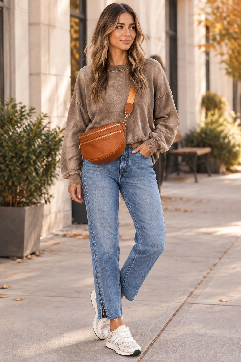 Weekend Casual Edit with sweatshirt, ankle jeans, sneakers, and crossbody bag