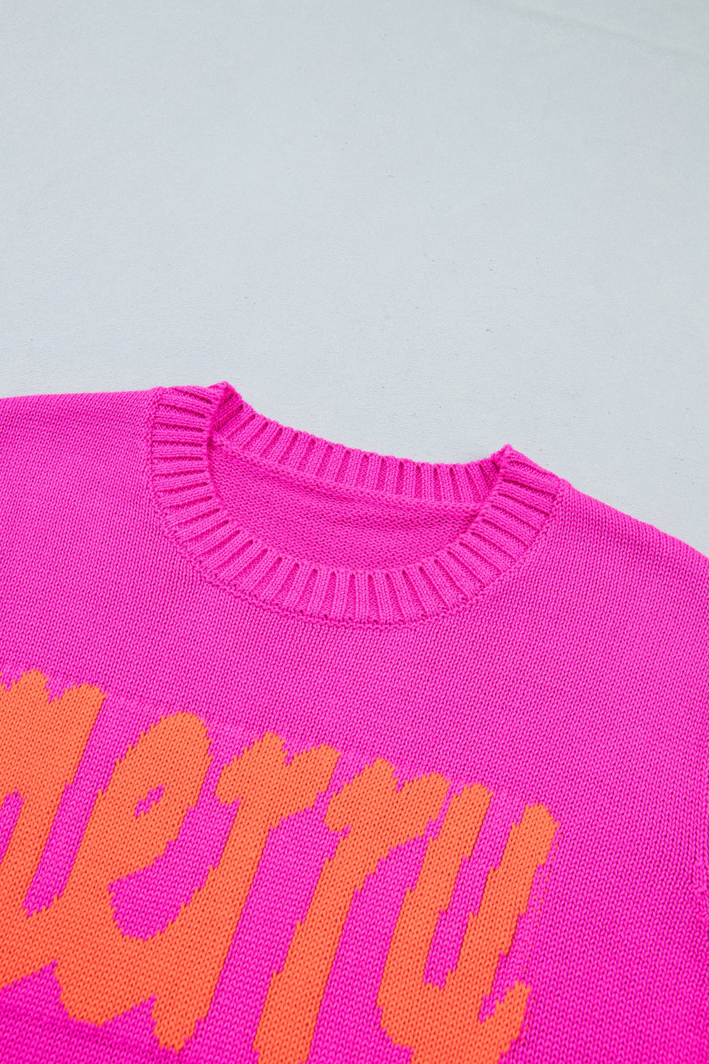 Bright Green Merry Print Ribbed Trim Round Neck Loose Fit Sweater