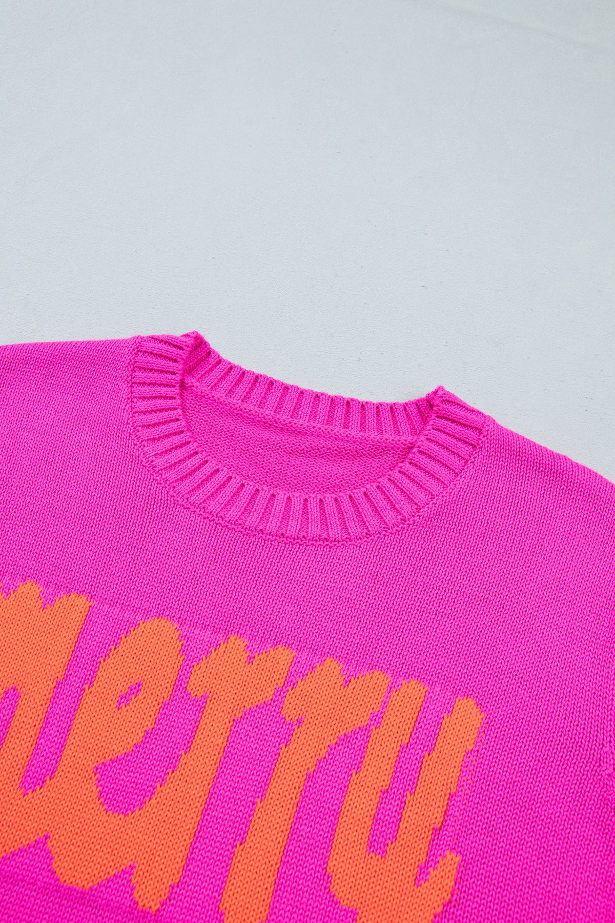 Bright Green Merry Print Ribbed Trim Round Neck Loose Fit Sweater