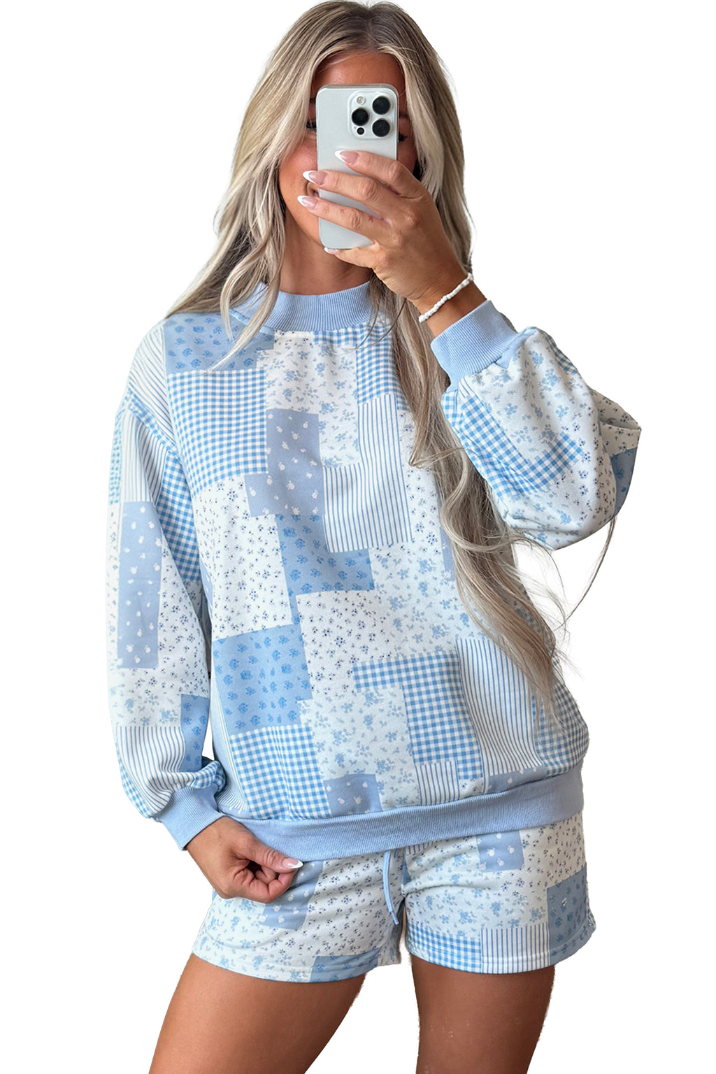 Light Pink Patchwork Floral Print Drop Shoulder Baggy Pullover Drawstring Shorts Set