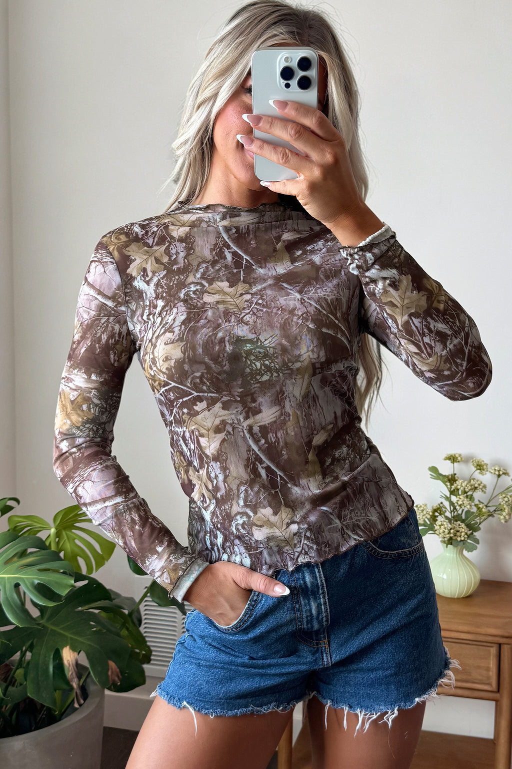 Camel Leopard Print Slim Fit Mesh Long Sleeve Mock Neck Top
