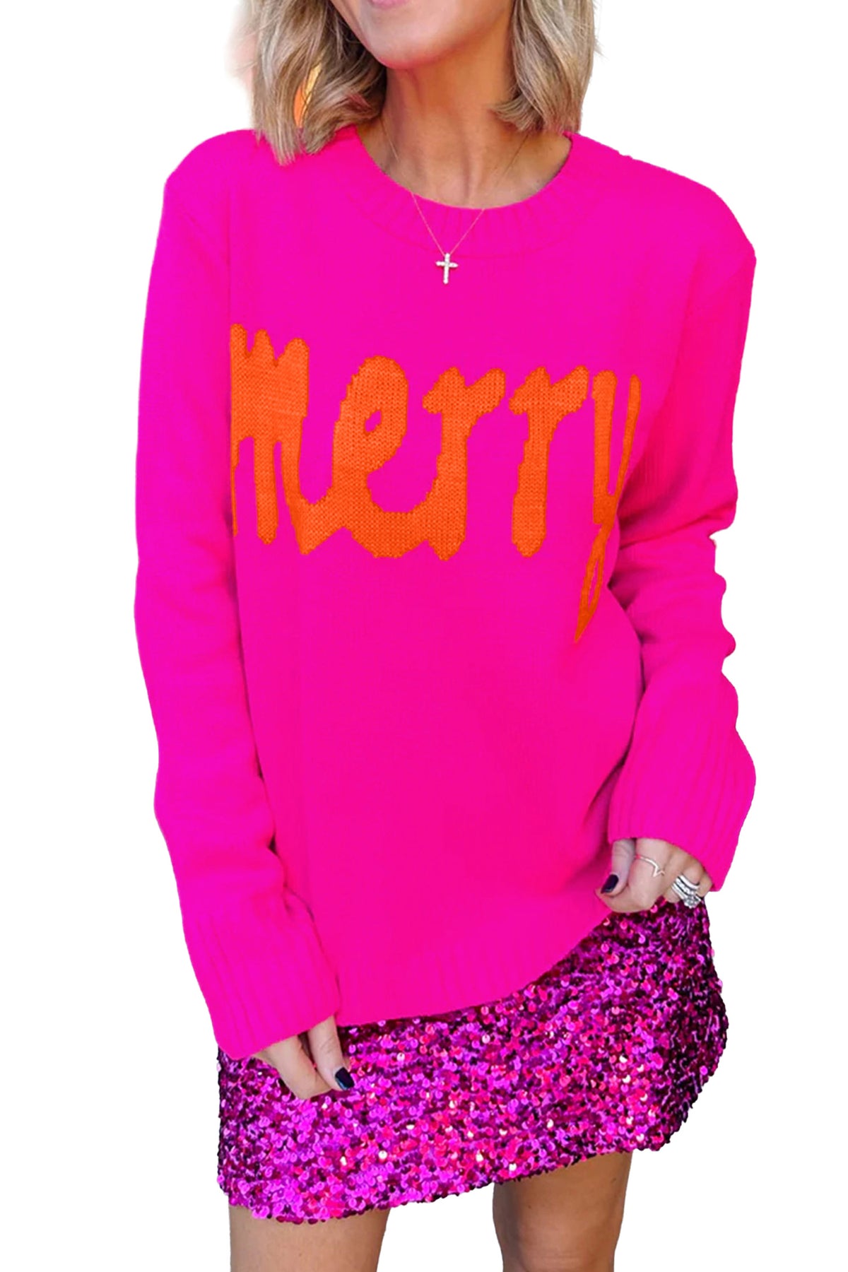 Bright Green Merry Print Ribbed Trim Round Neck Loose Fit Sweater
