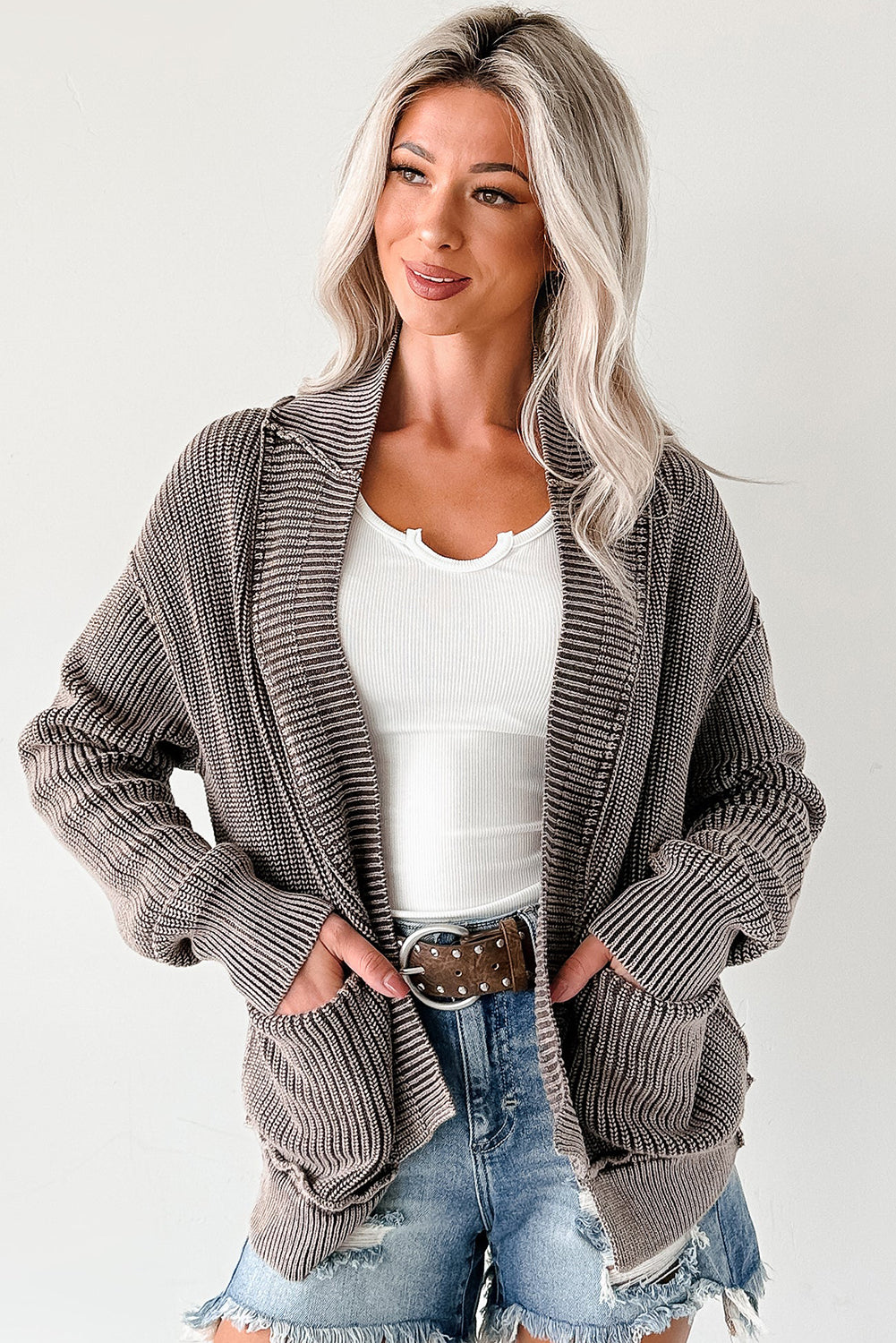 Chestnut Mineral Wash Exposed Seam Patchwork Knit Open Sweater Cardigan