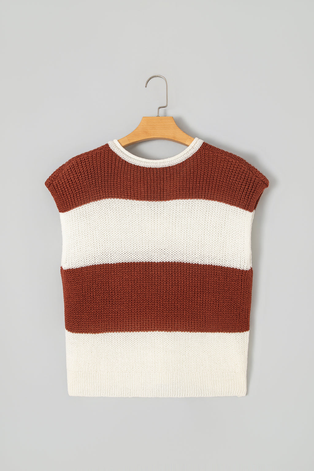 Brown Stripe Striped Colorblock Knit V Neck Short Sleeve Loose Sweater