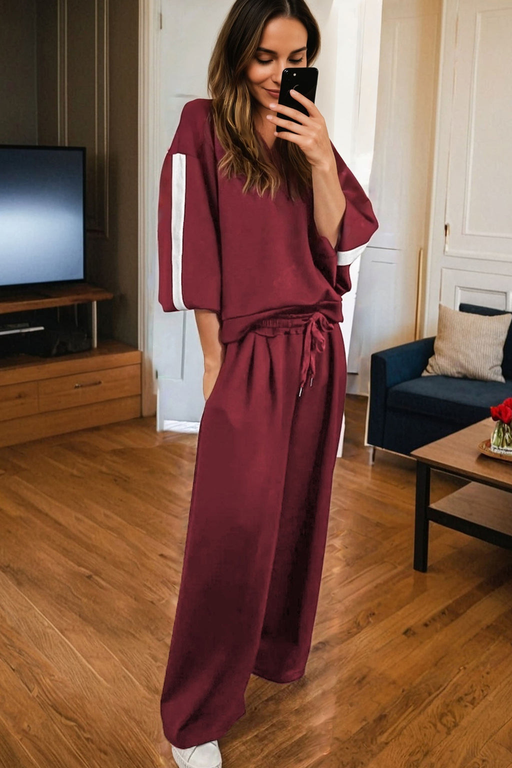Burgundy Varsity Striped Long Sleeve Pullover Drawstring Sweatpants Set