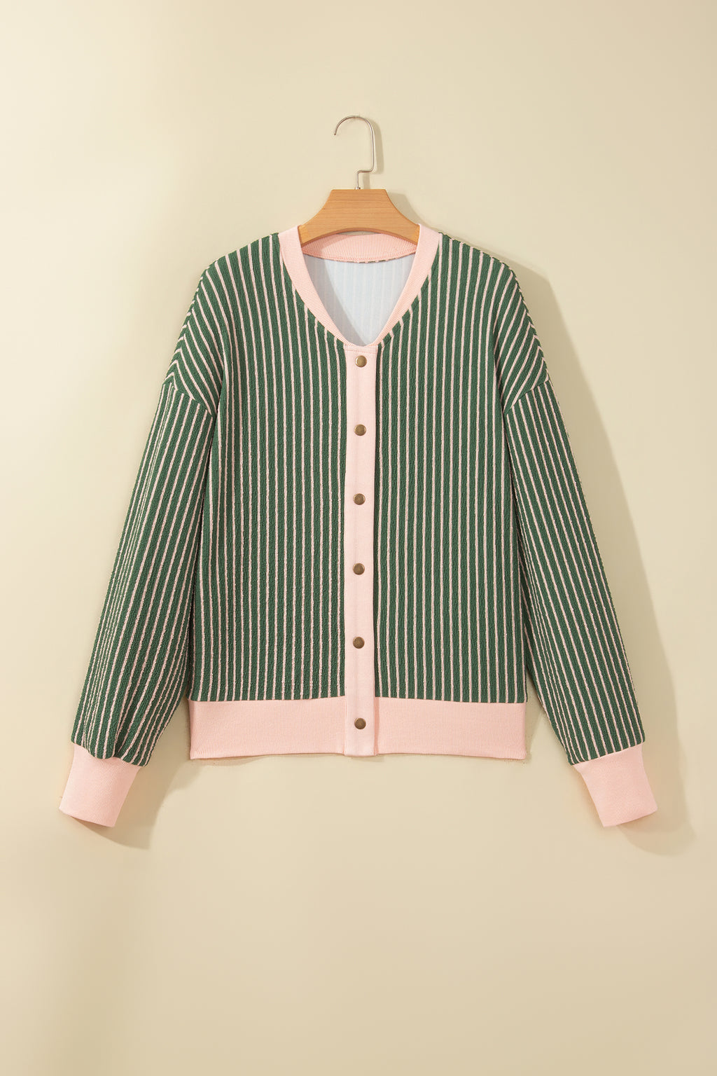 Green Stripe Striped V Neck Patchwork Long Sleeve Regular Fit Cardigan