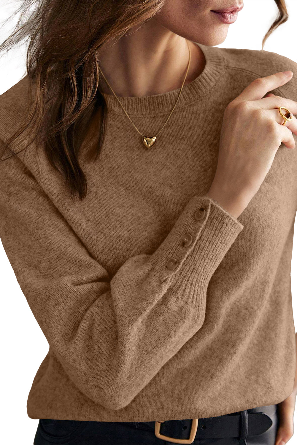 White Buttoned Cuffs Raglan Sleeve Knit Sweater