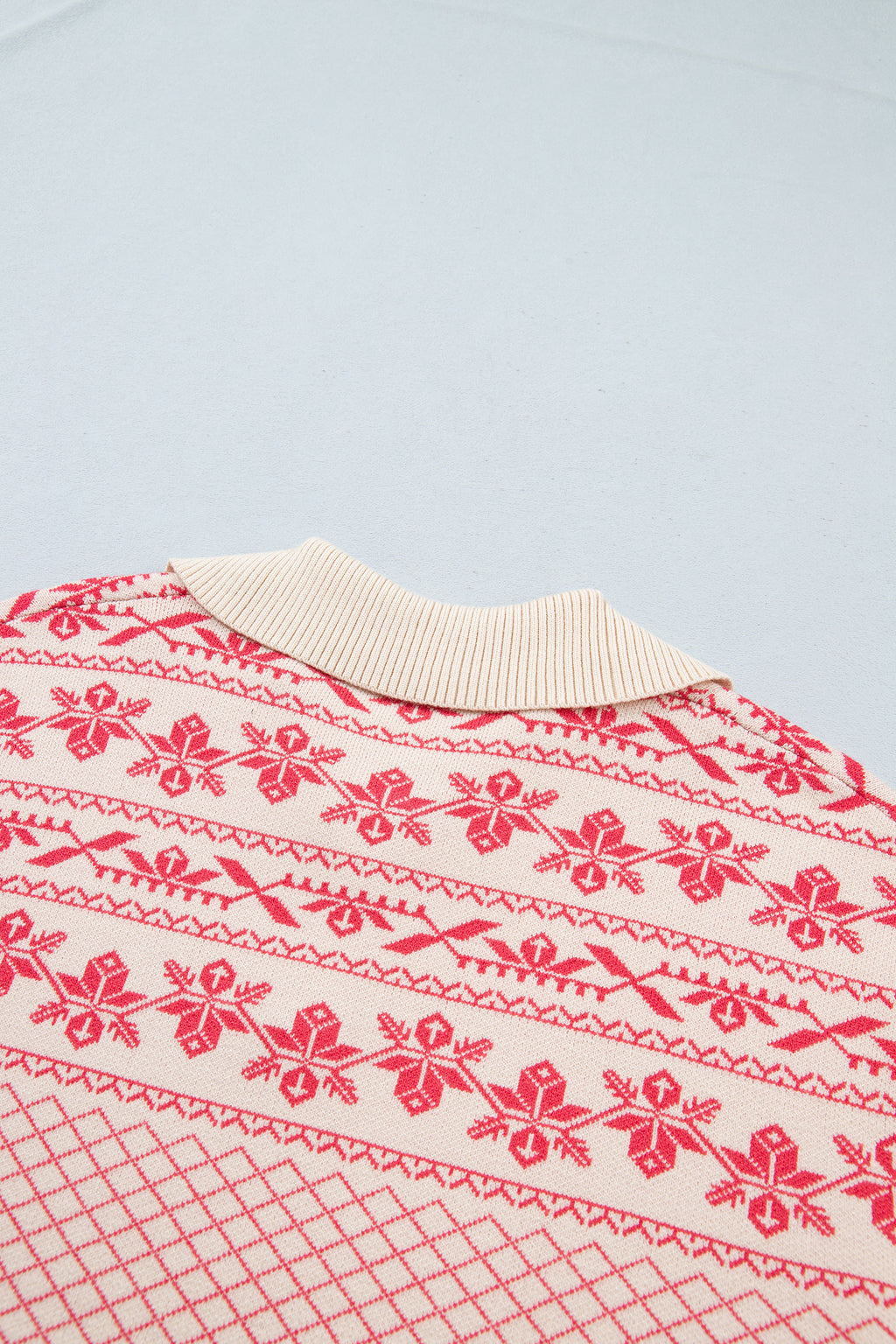 Sachet Pink Cozy Abstract Print Button Stand Neck Casual Sweater