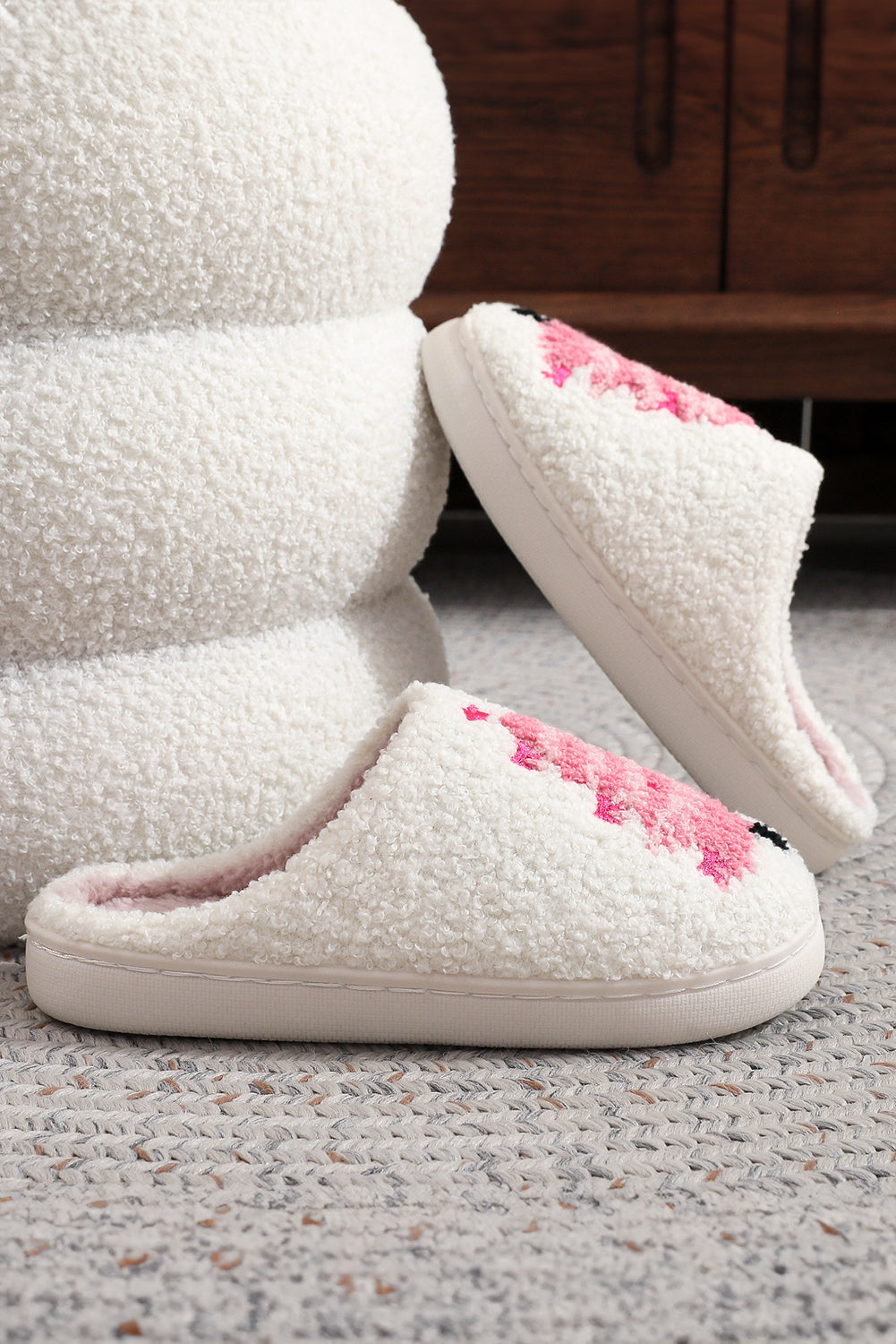 White Plush Christmas Tree Color Contrasted Liner House Slippers