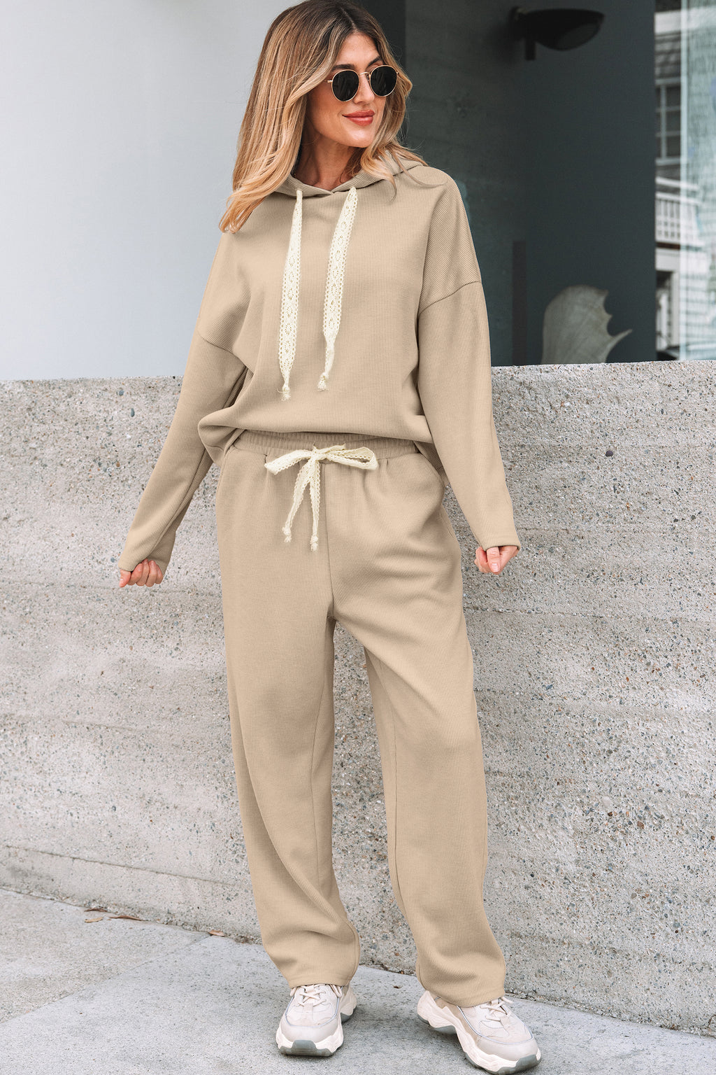 Rose Tan Lace Drawstring Pullover Hoodie and High Waist Pants Corduroy Suit
