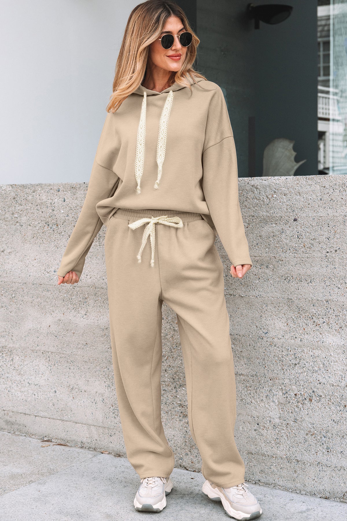 Rose Tan Lace Drawstring Pullover Hoodie and High Waist Pants Corduroy Suit