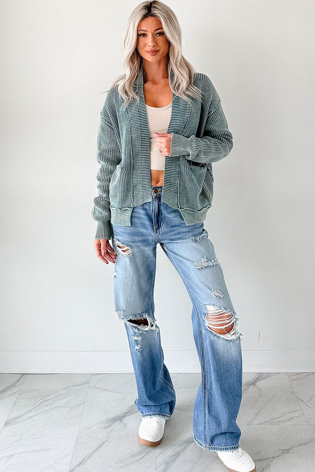 Chestnut Mineral Wash Exposed Seam Patchwork Knit Open Sweater Cardigan