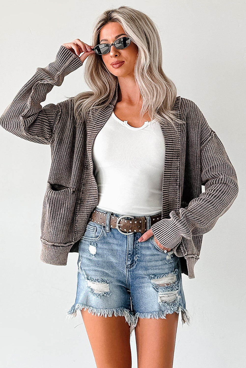 Chestnut Mineral Wash Exposed Seam Patchwork Knit Open Sweater Cardigan