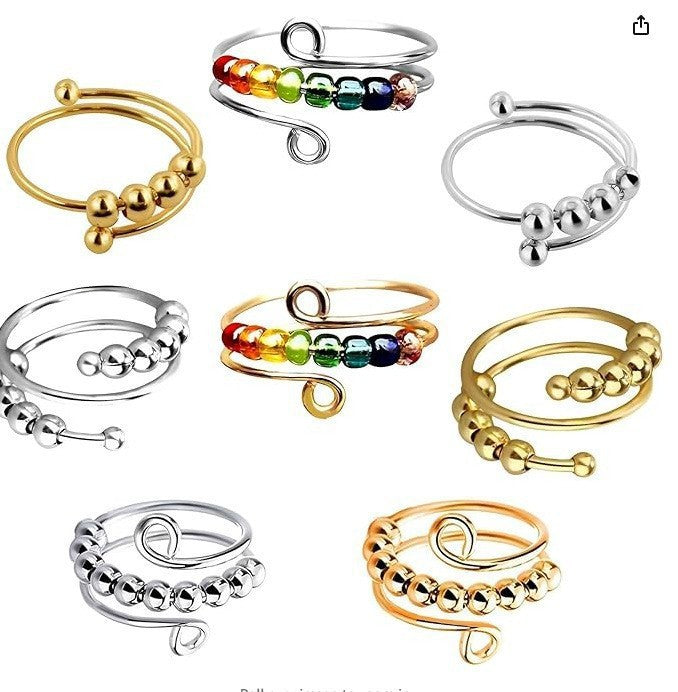 Rotating anxiety relief copper ring fortune bead ring adjustable ring