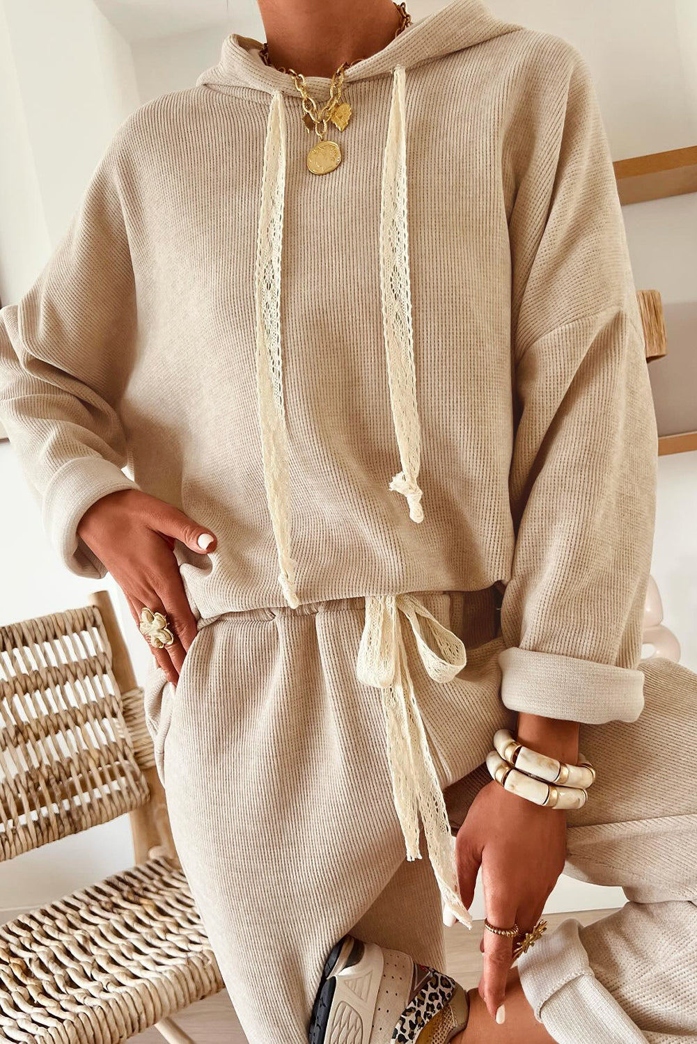 Rose Tan Lace Drawstring Pullover Hoodie and High Waist Pants Corduroy Suit