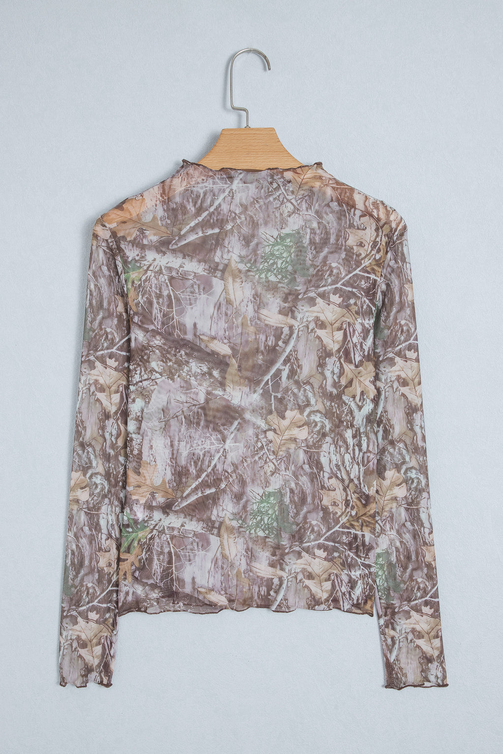Camel Leopard Print Slim Fit Mesh Long Sleeve Mock Neck Top