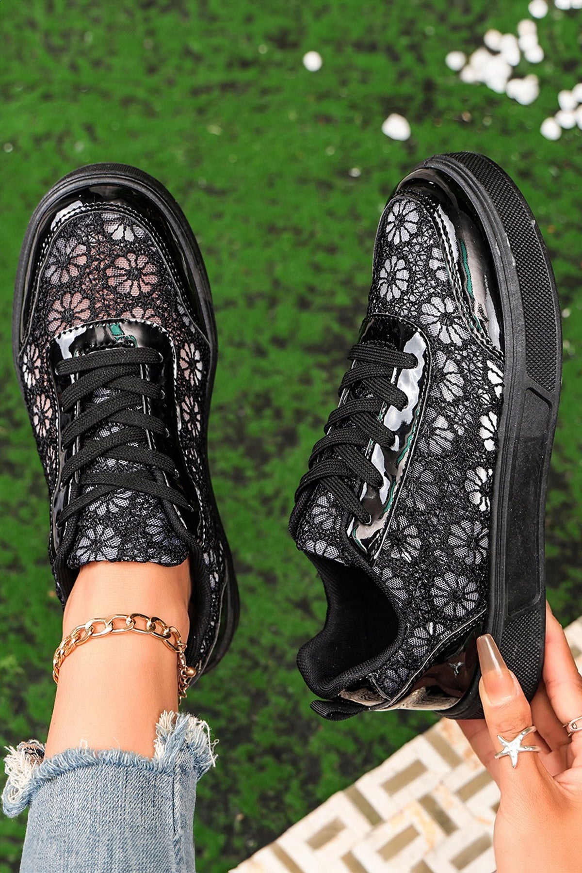 White Sheer Floral Lace Slip-On Casual Sneakers