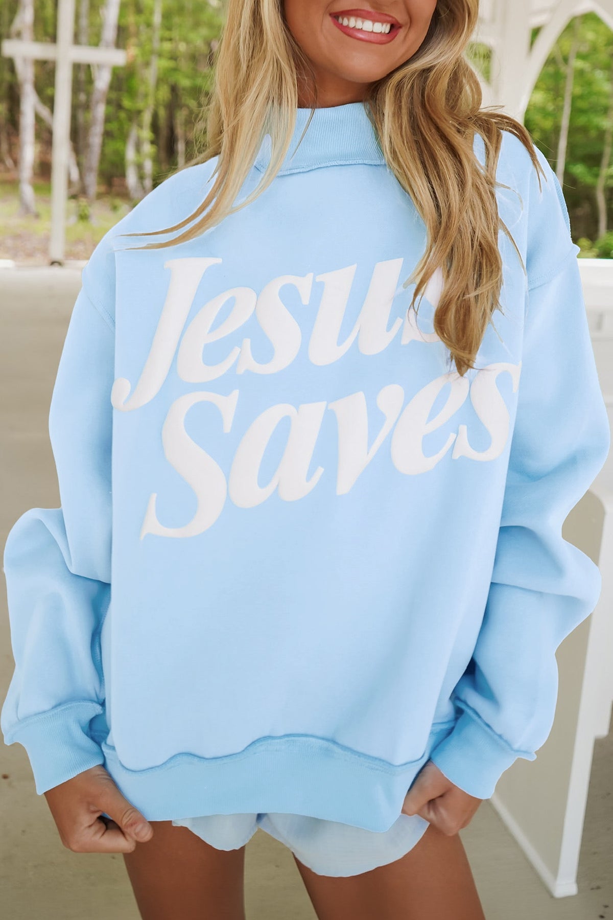 Dark Brown Jesus Saves Slogan Print Stand Neck Baggy Sweatshirt