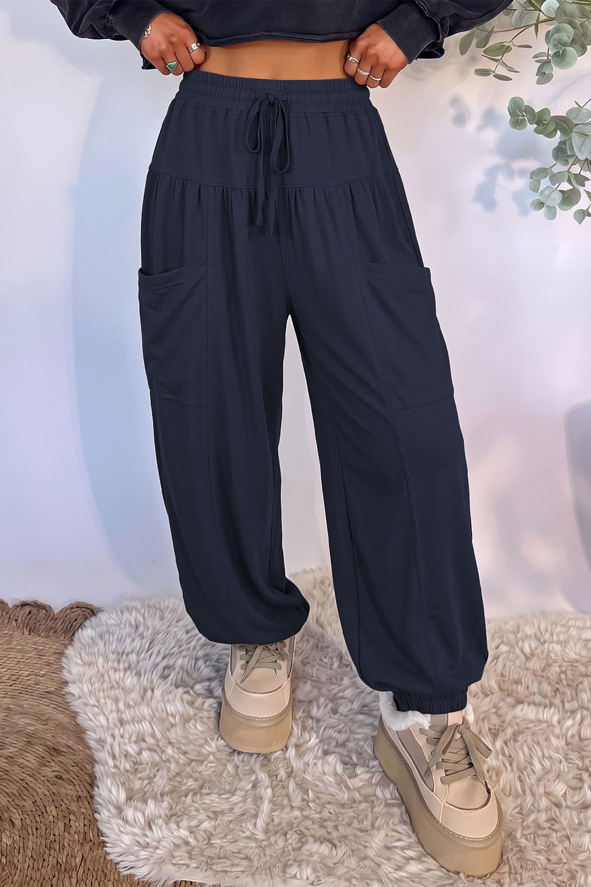 Seagrass Elastic Waist Drawstring Wide Leg Full Length Pants