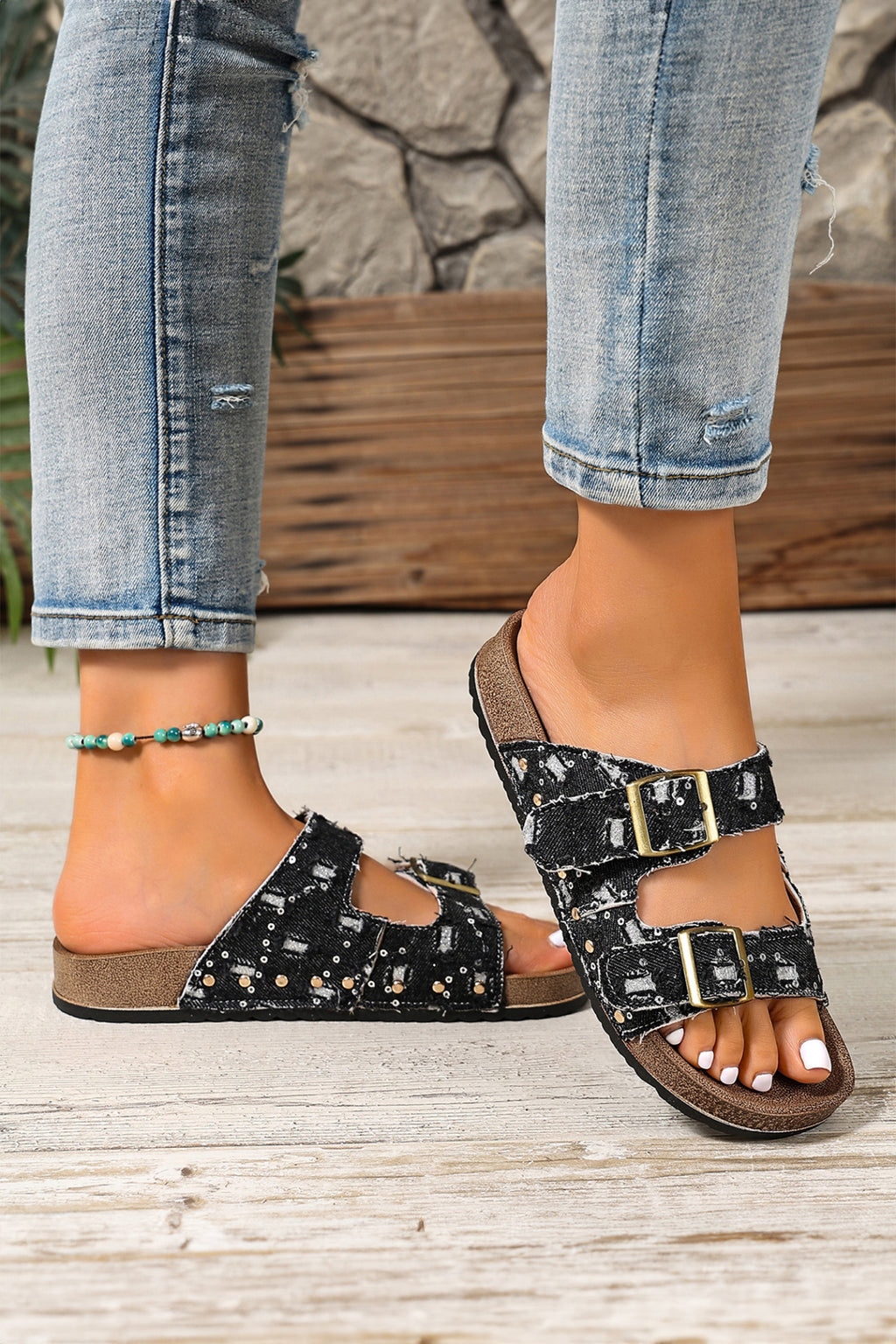 Light Blue Two-tone Retro Buckle Straps Hollowed Faux Suede Slippers