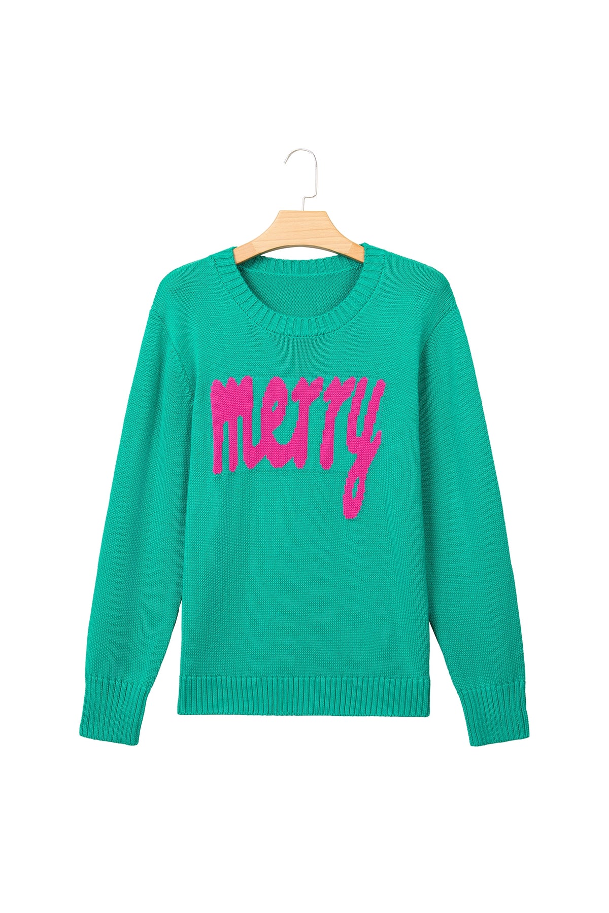 Bright Green Merry Print Ribbed Trim Round Neck Loose Fit Sweater