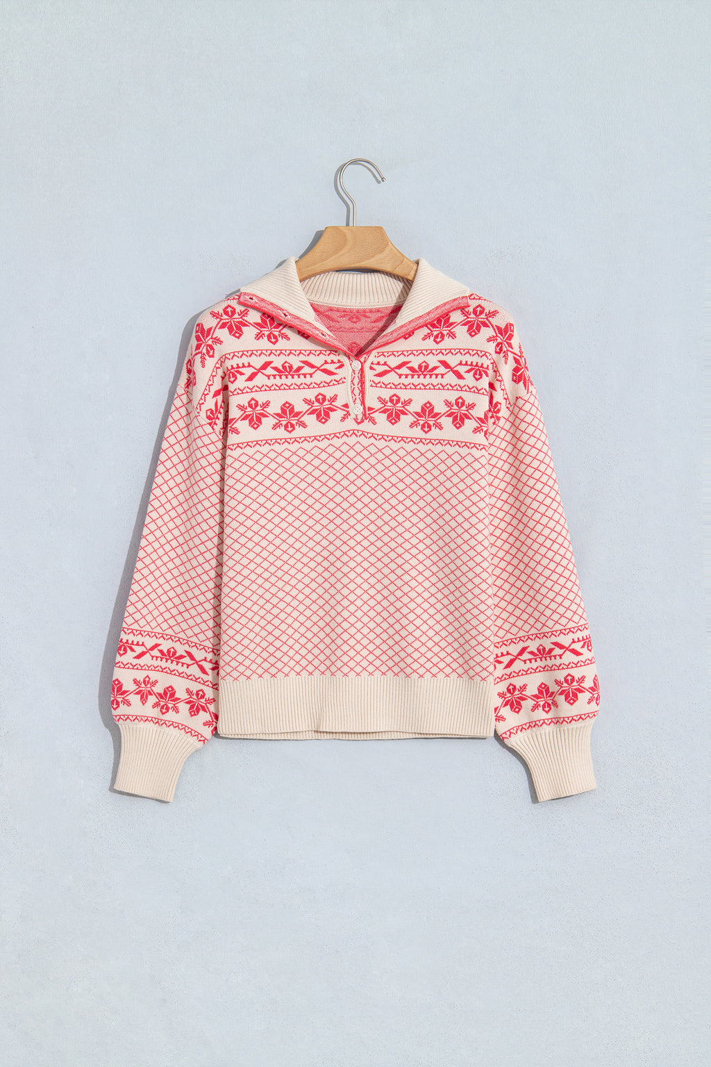 Sachet Pink Cozy Abstract Print Button Stand Neck Casual Sweater