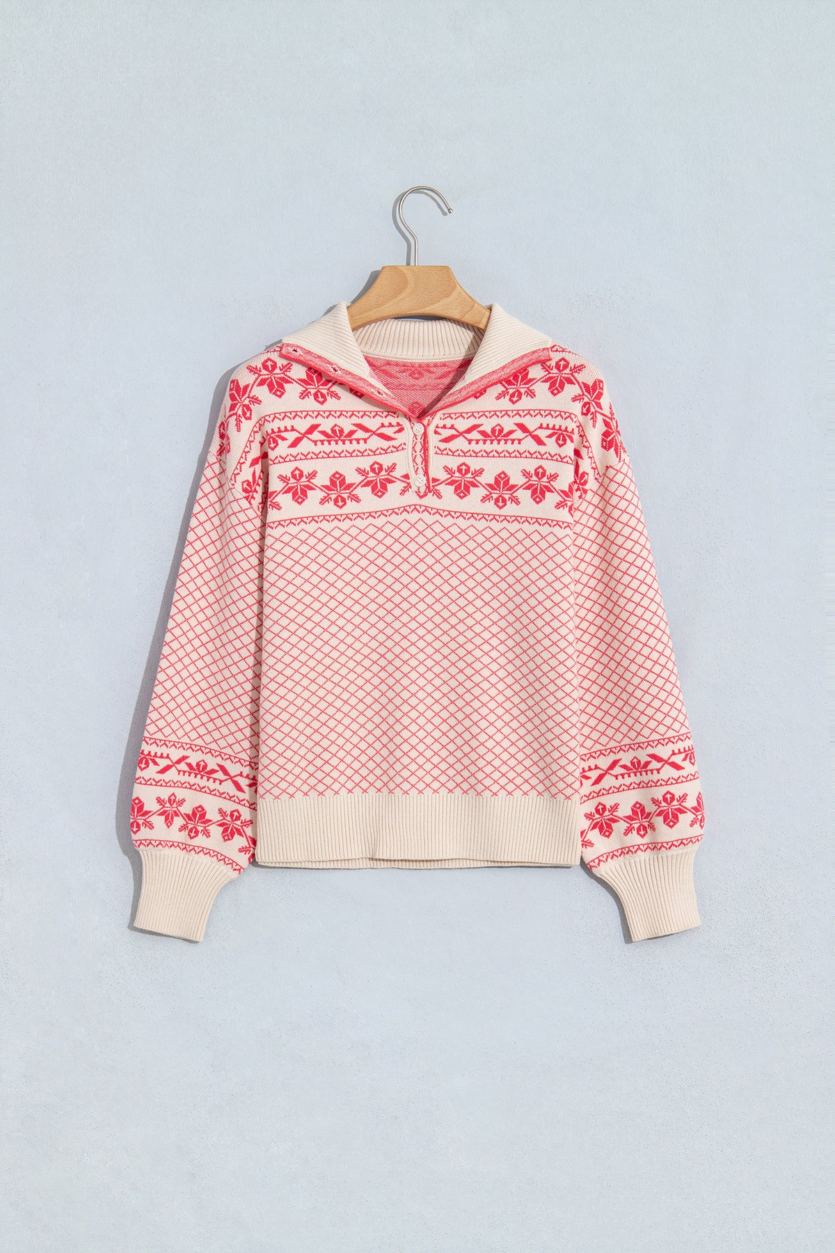 Sachet Pink Cozy Abstract Print Button Stand Neck Casual Sweater
