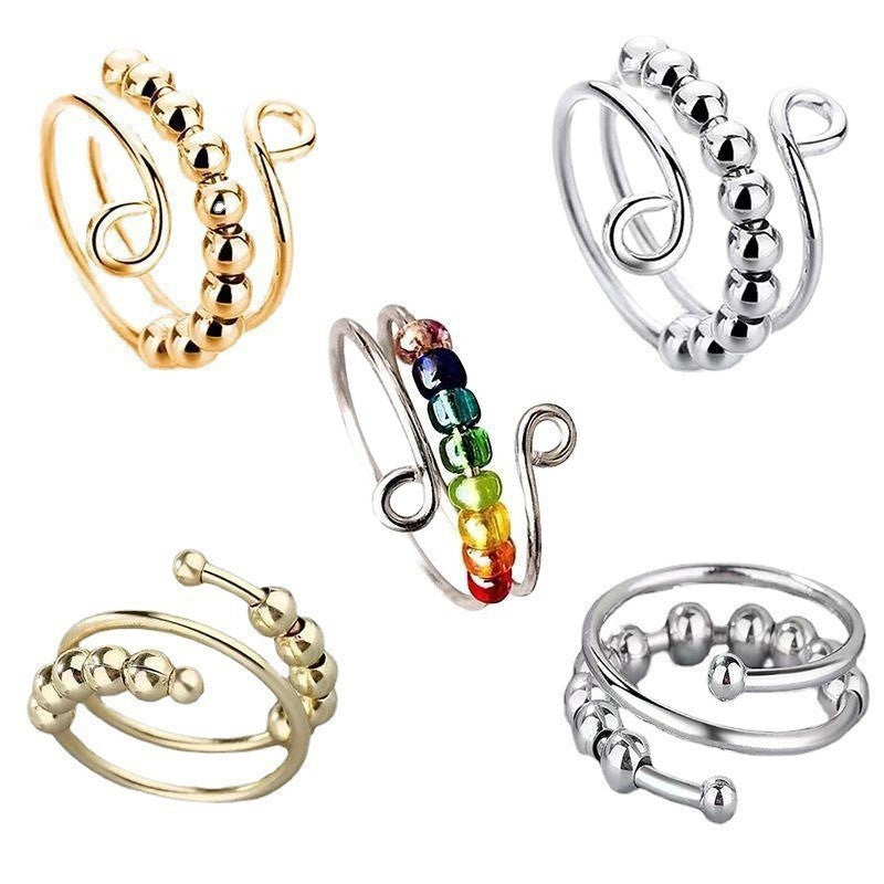 Rotating anxiety relief copper ring fortune bead ring adjustable ring