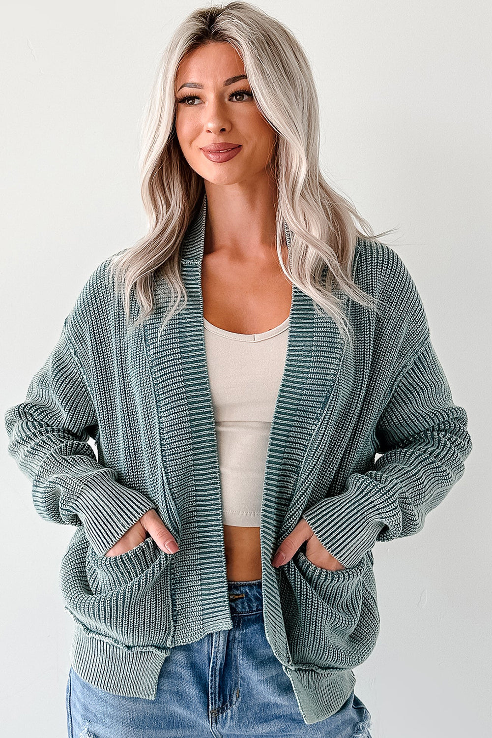 Chestnut Mineral Wash Exposed Seam Patchwork Knit Open Sweater Cardigan
