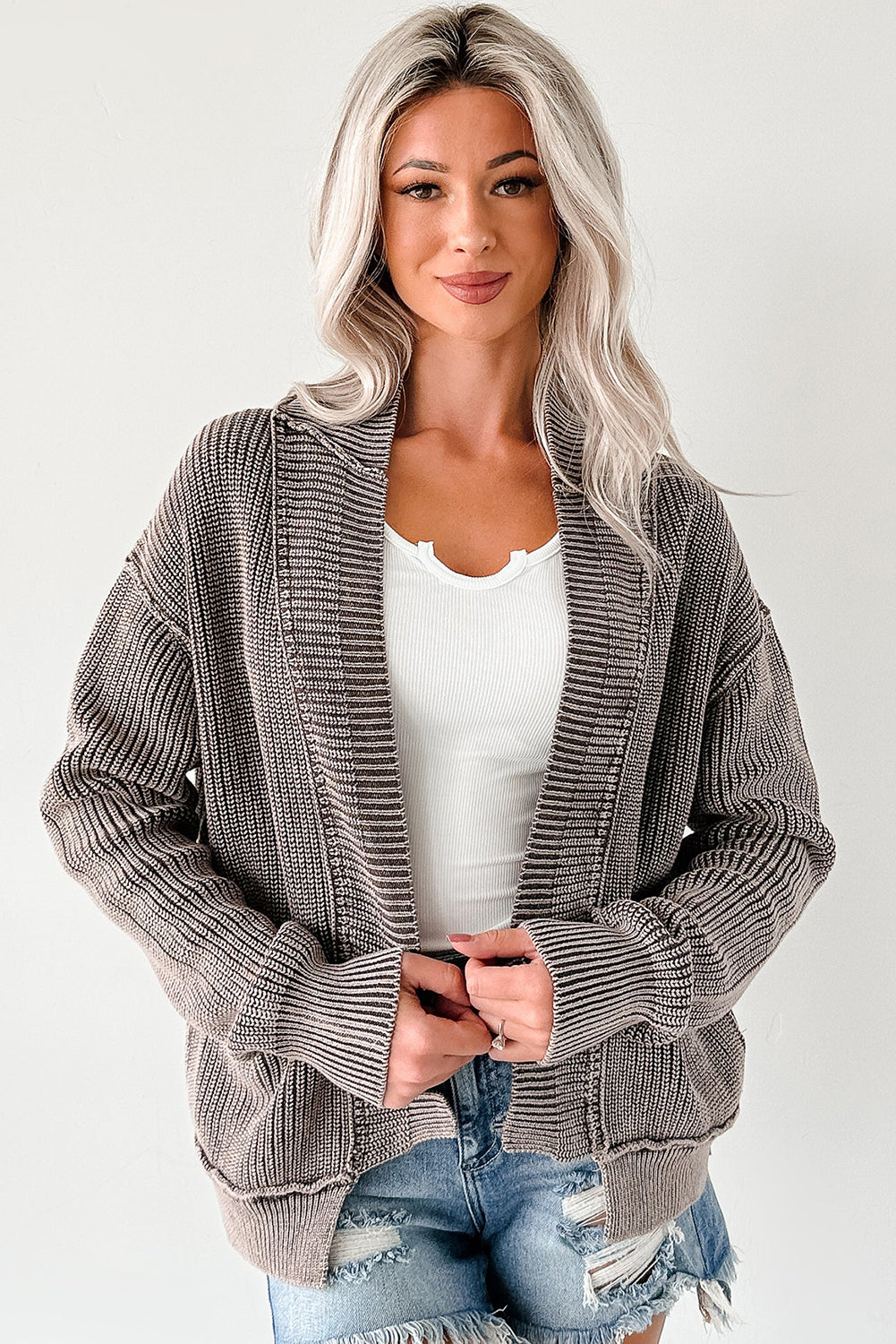 Chestnut Mineral Wash Exposed Seam Patchwork Knit Open Sweater Cardigan