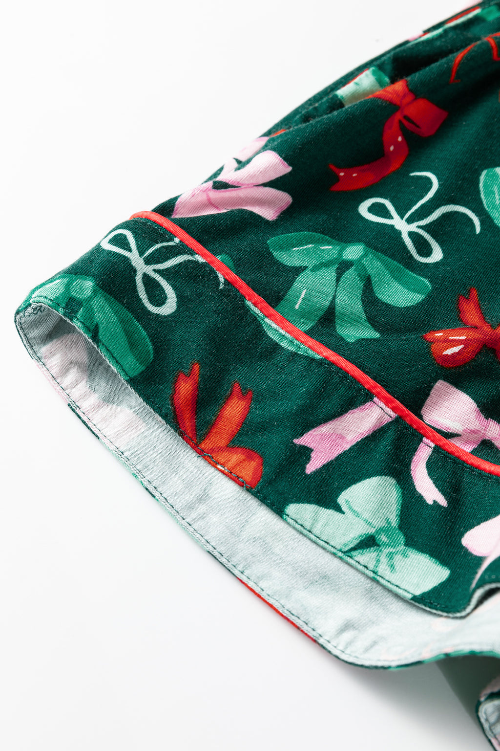 Green Festive Bow Print Long Sleeve Shirt and Pajama Short Set