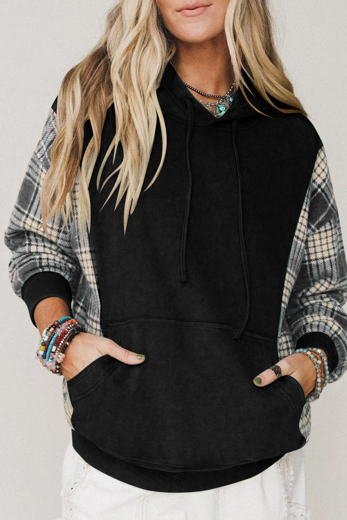 Moss Green Plaid Sleeve Drawstring Pocket Hooded Sweatshirt