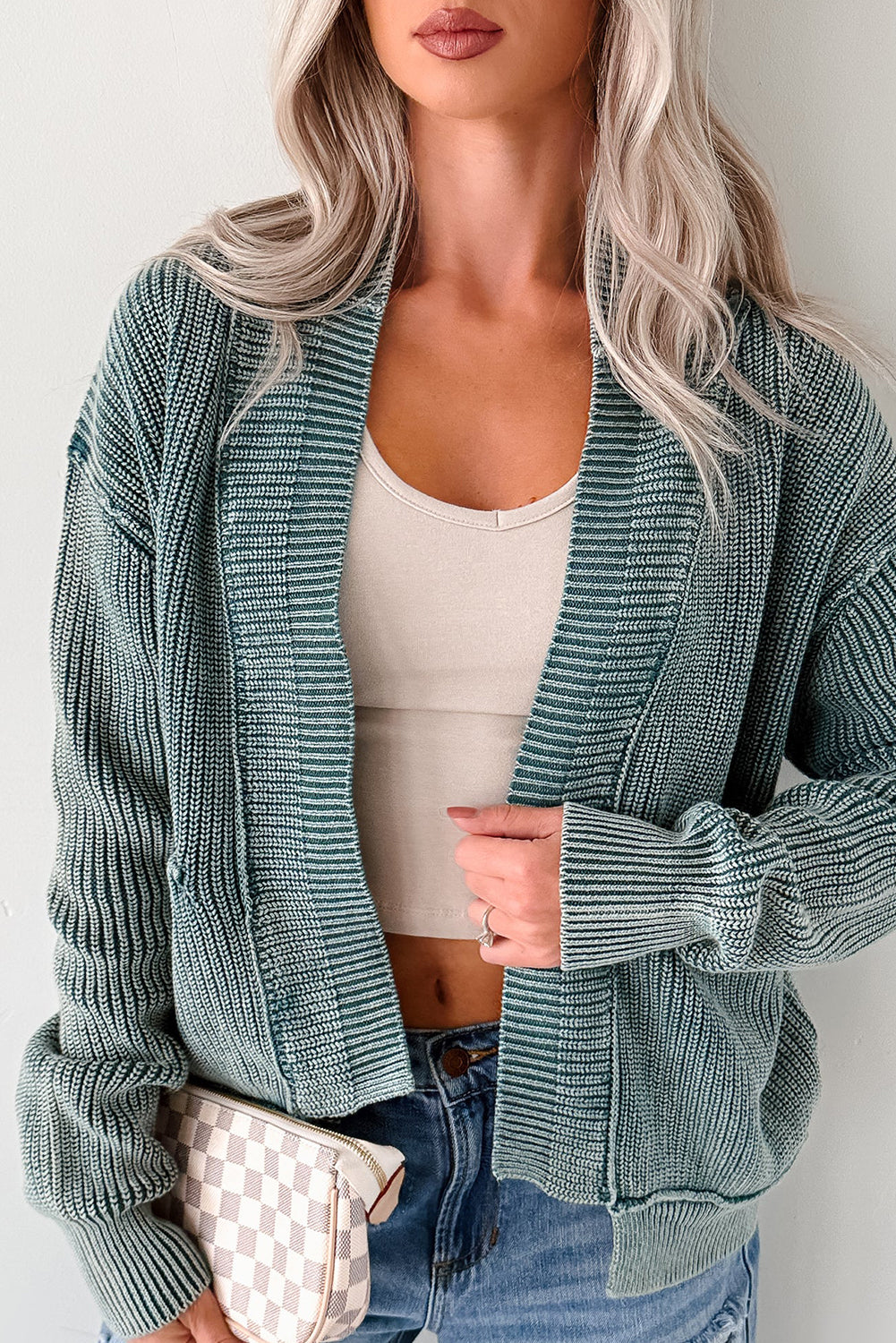 Chestnut Mineral Wash Exposed Seam Patchwork Knit Open Sweater Cardigan
