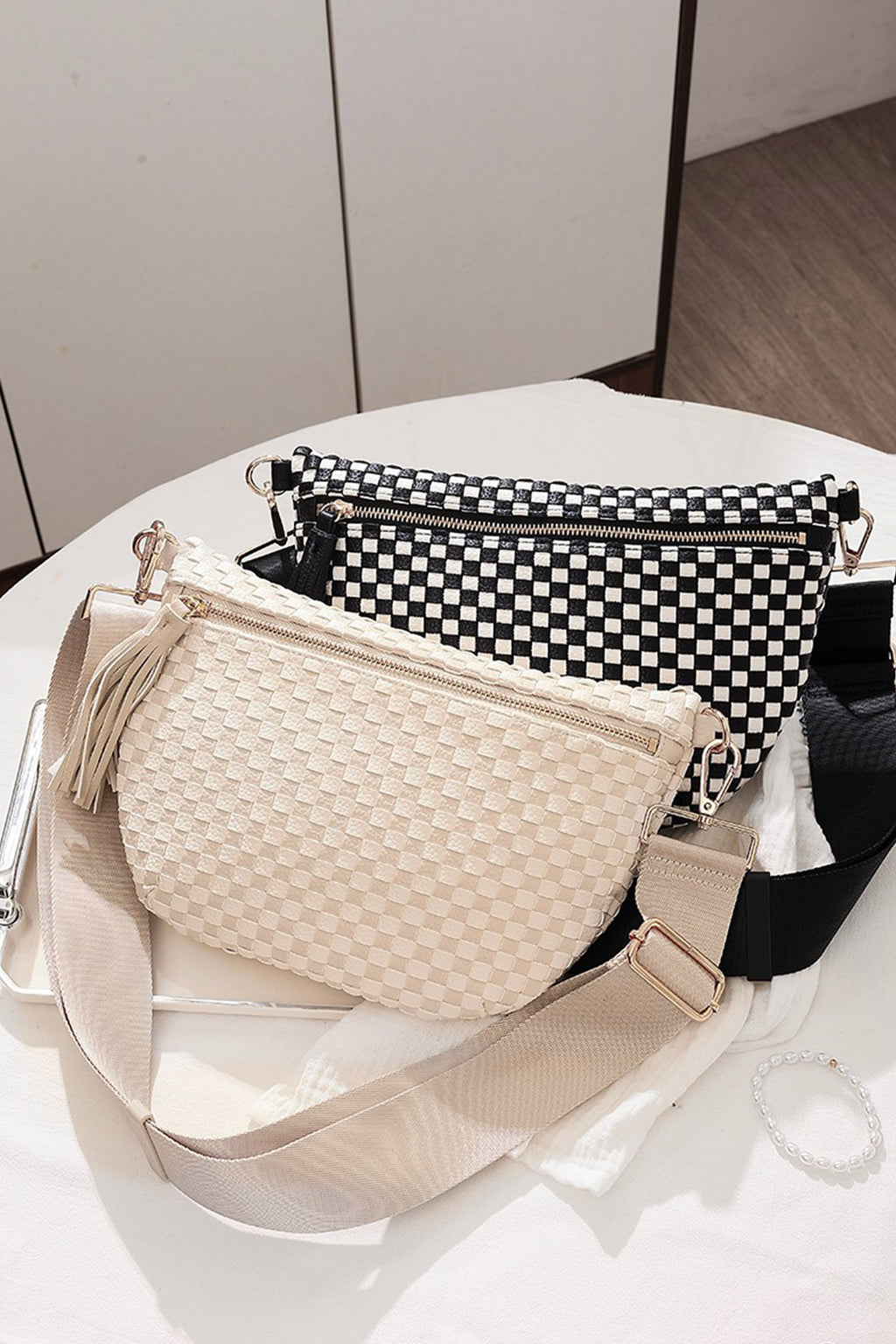 Fiery Red Checkered Woven PU Leather Crossbody Bag Adjustable Strap Large Size