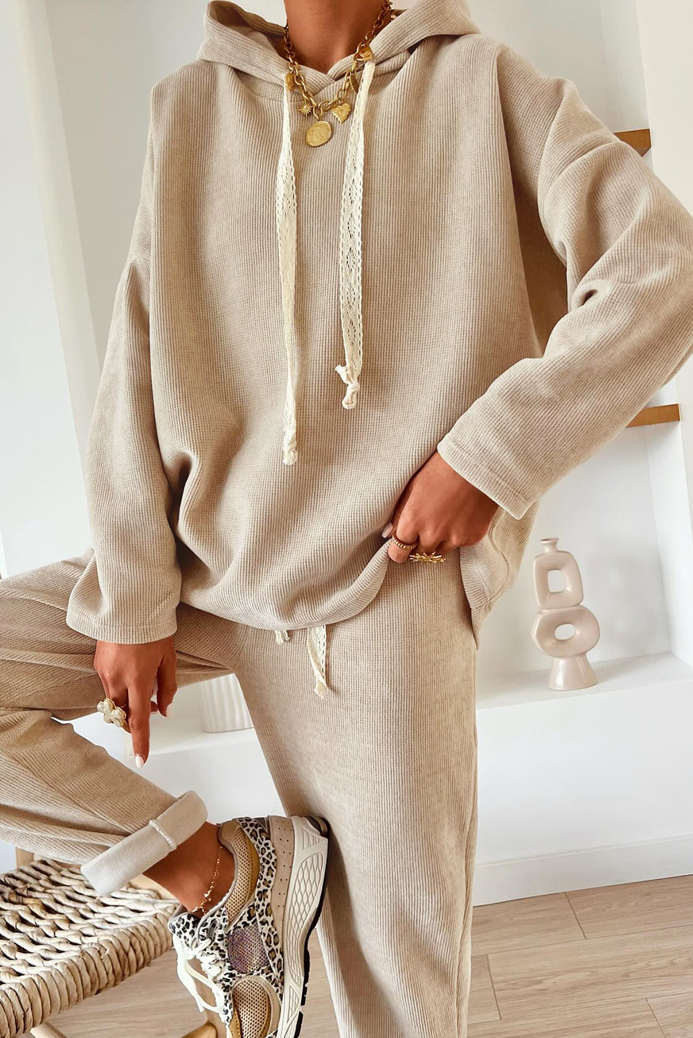 Rose Tan Lace Drawstring Pullover Hoodie and High Waist Pants Corduroy Suit