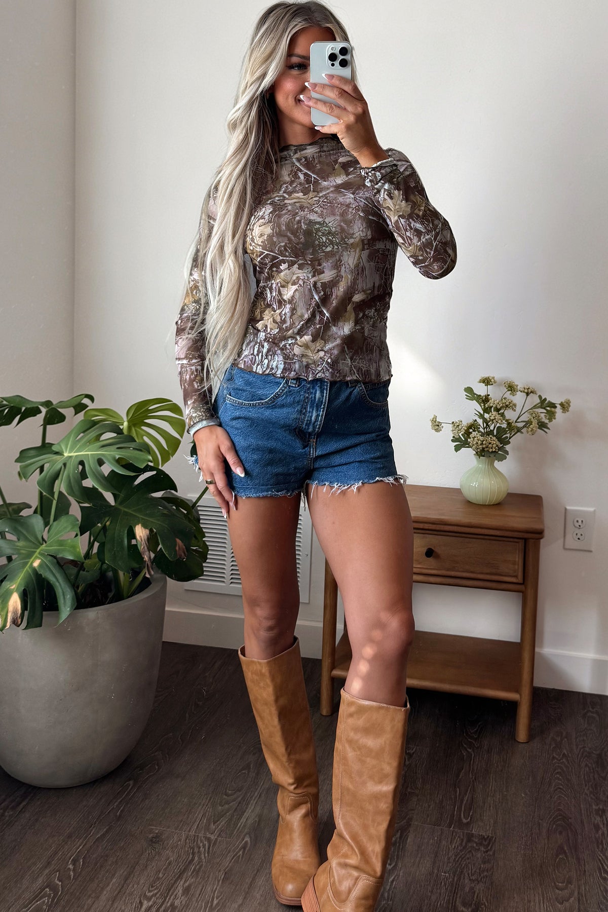 Camel Leopard Print Slim Fit Mesh Long Sleeve Mock Neck Top