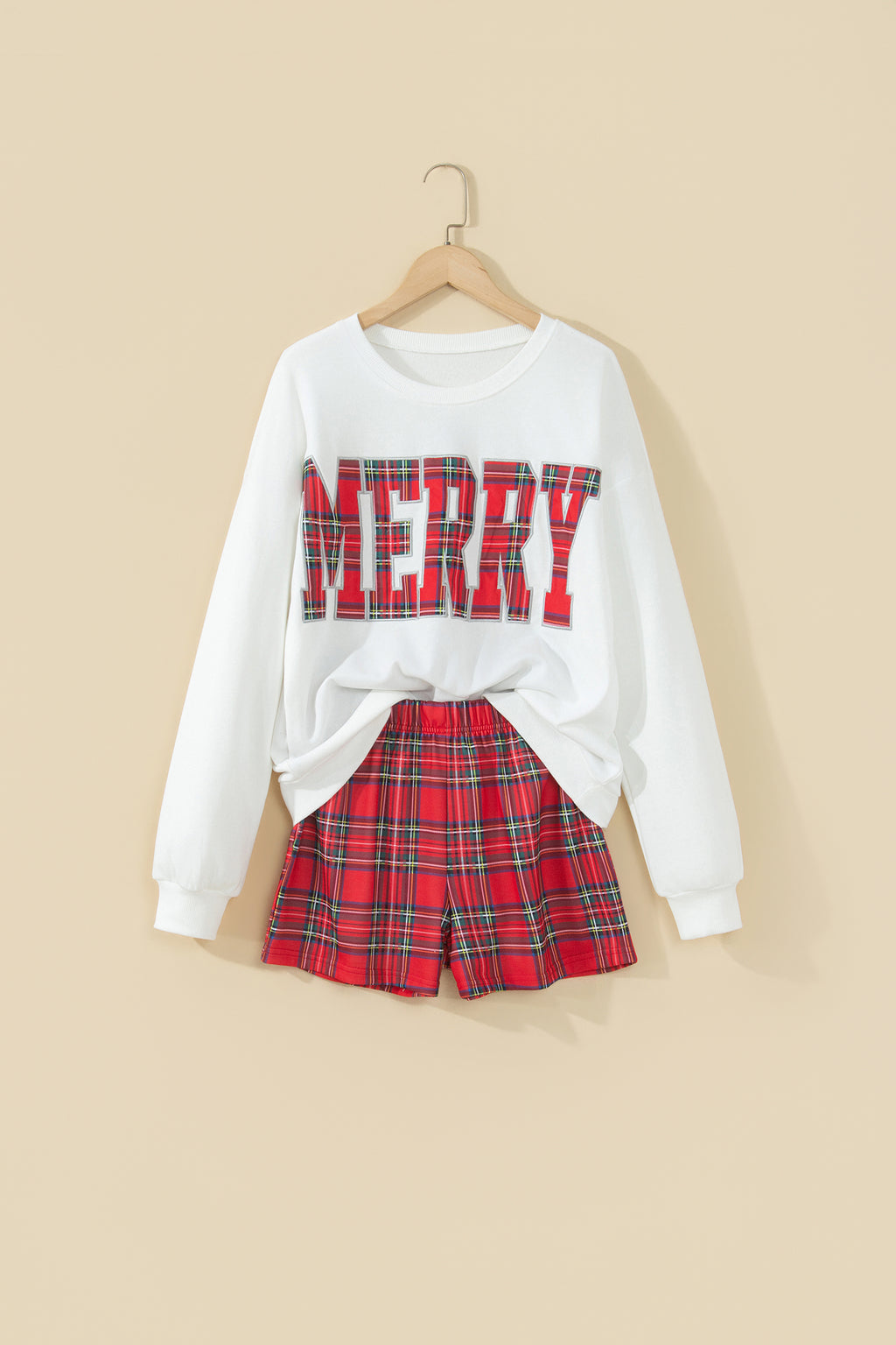 Multicolour Plaid MERRY Holiday Long Sleeve Top and Shorts Set