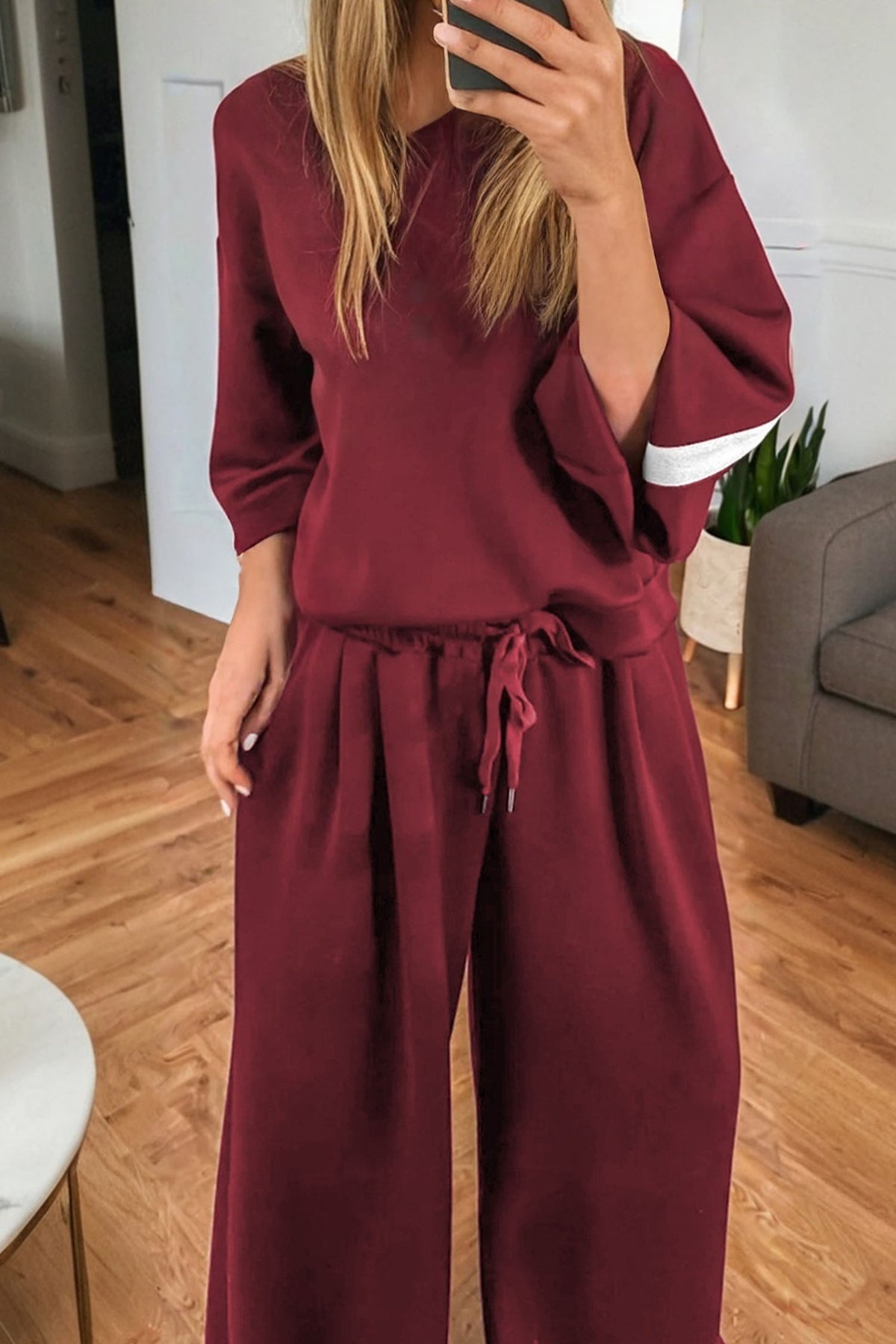 Burgundy Varsity Striped Long Sleeve Pullover Drawstring Sweatpants Set