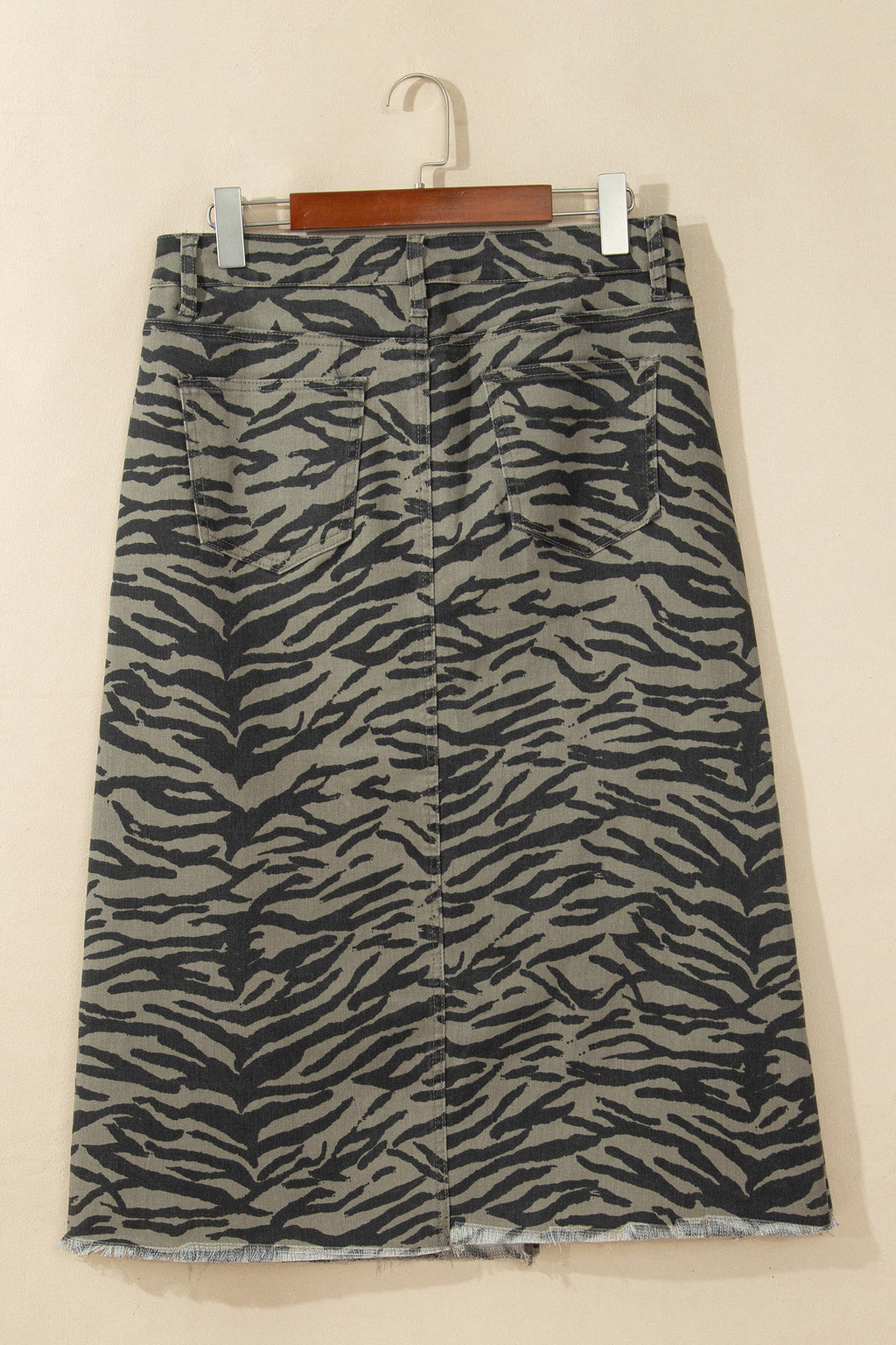 Brown Leopard Print Side Split Frayed Hem Denim Midi Skirt