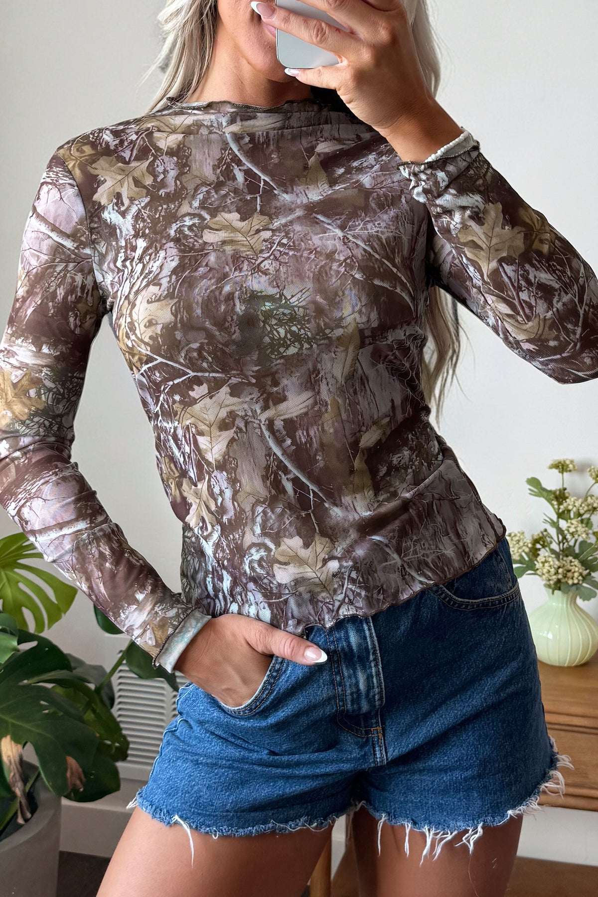 Camel Leopard Print Slim Fit Mesh Long Sleeve Mock Neck Top