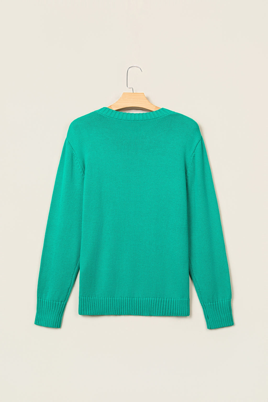 Bright Green Merry Print Ribbed Trim Round Neck Loose Fit Sweater