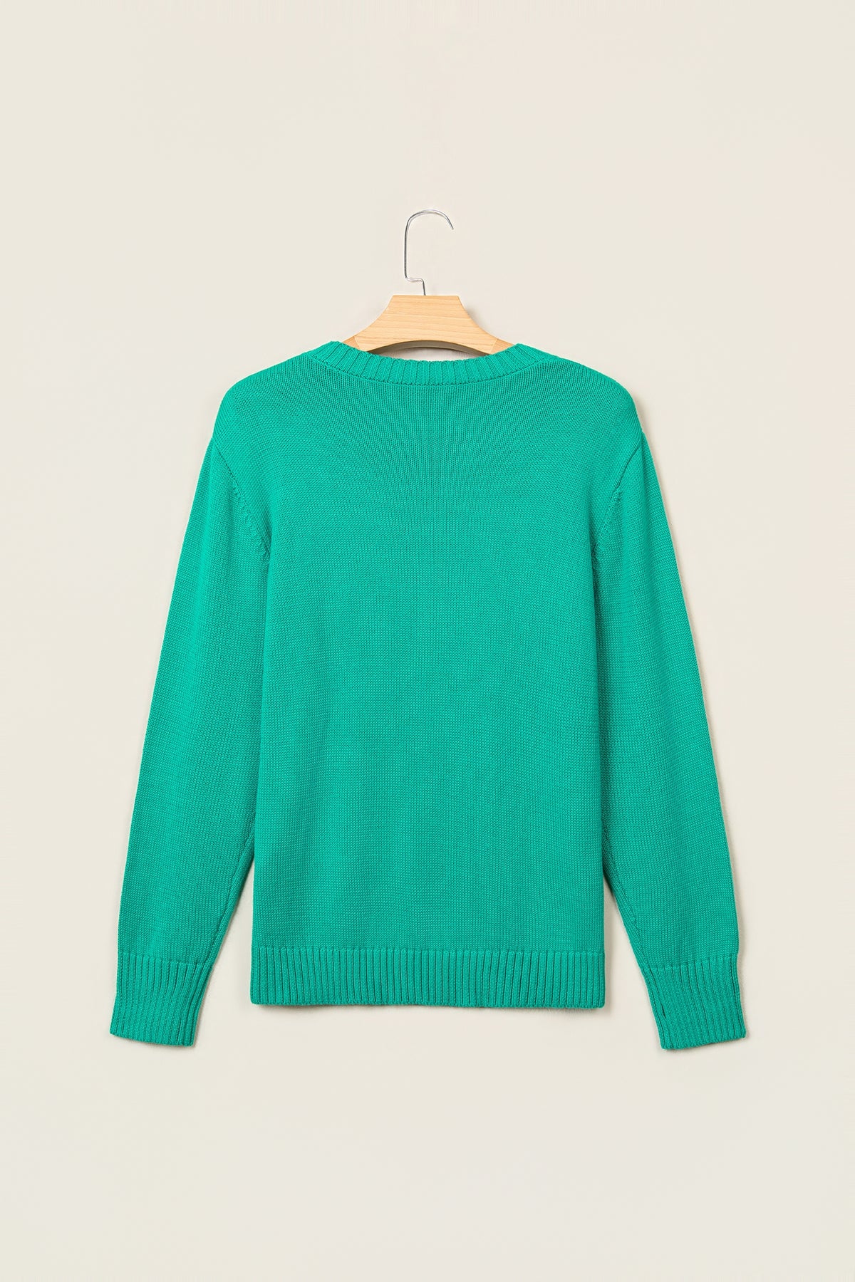 Bright Green Merry Print Ribbed Trim Round Neck Loose Fit Sweater