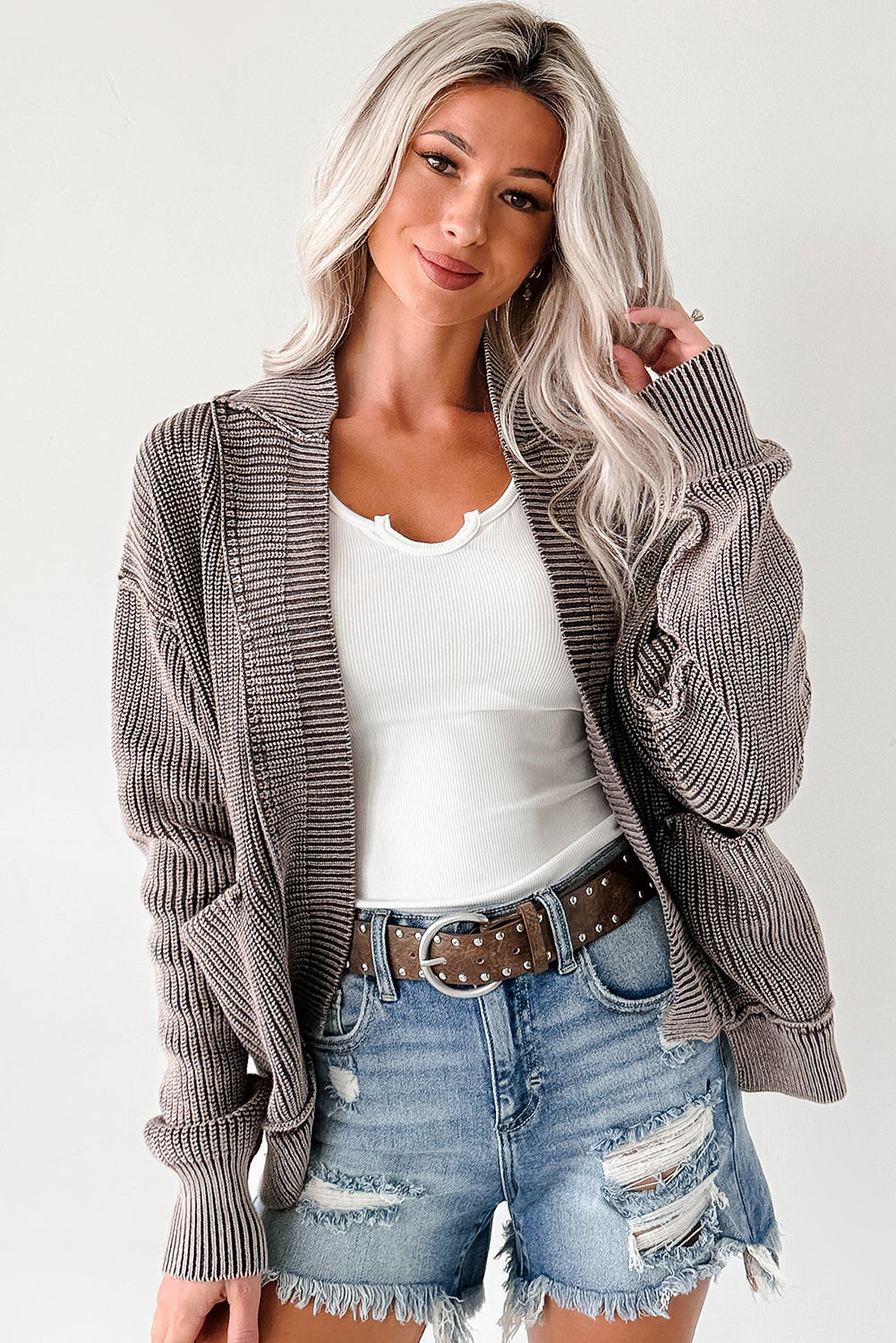 Chestnut Mineral Wash Exposed Seam Patchwork Knit Open Sweater Cardigan