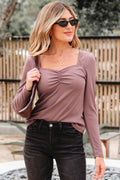 Old Rose Gathered Bust Square Neck Ribbed Fit Long Sleeve Top