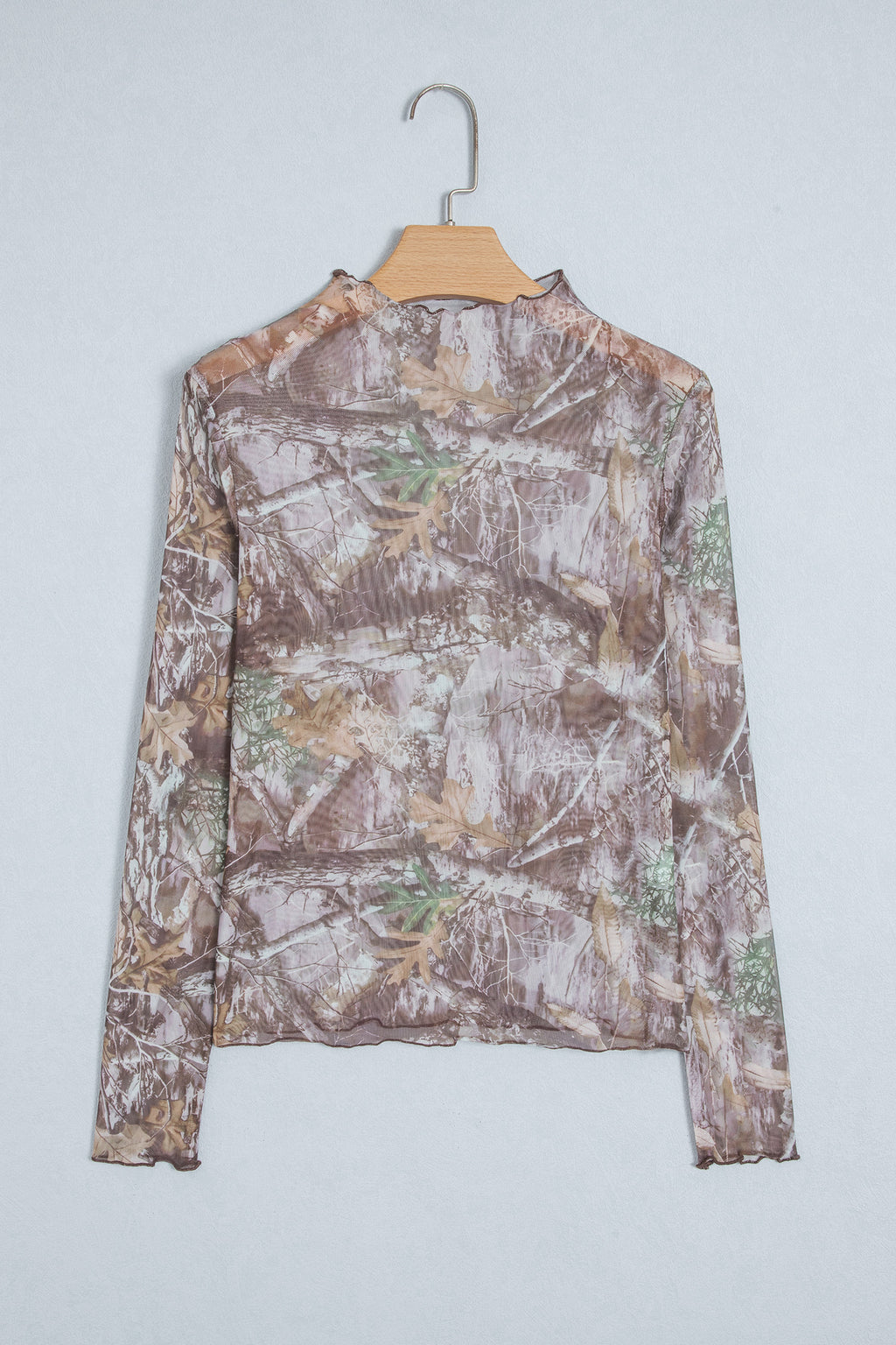 Camel Leopard Print Slim Fit Mesh Long Sleeve Mock Neck Top