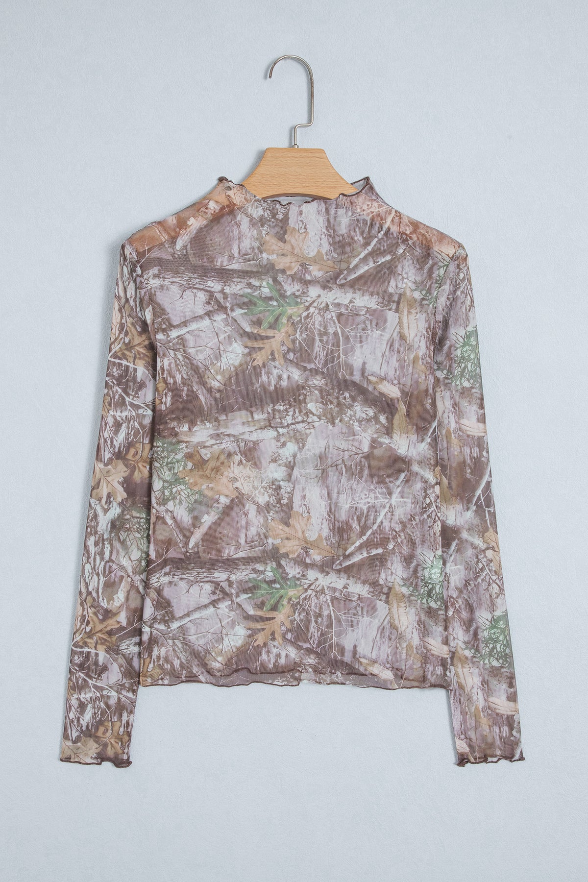 Camel Leopard Print Slim Fit Mesh Long Sleeve Mock Neck Top
