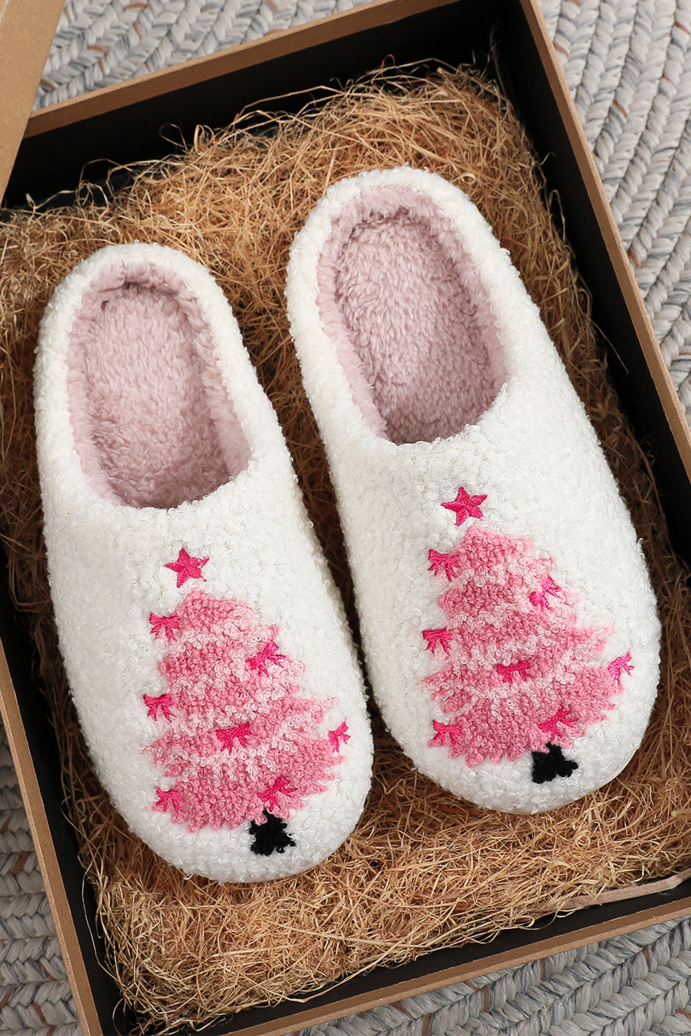 White Plush Christmas Tree Color Contrasted Liner House Slippers