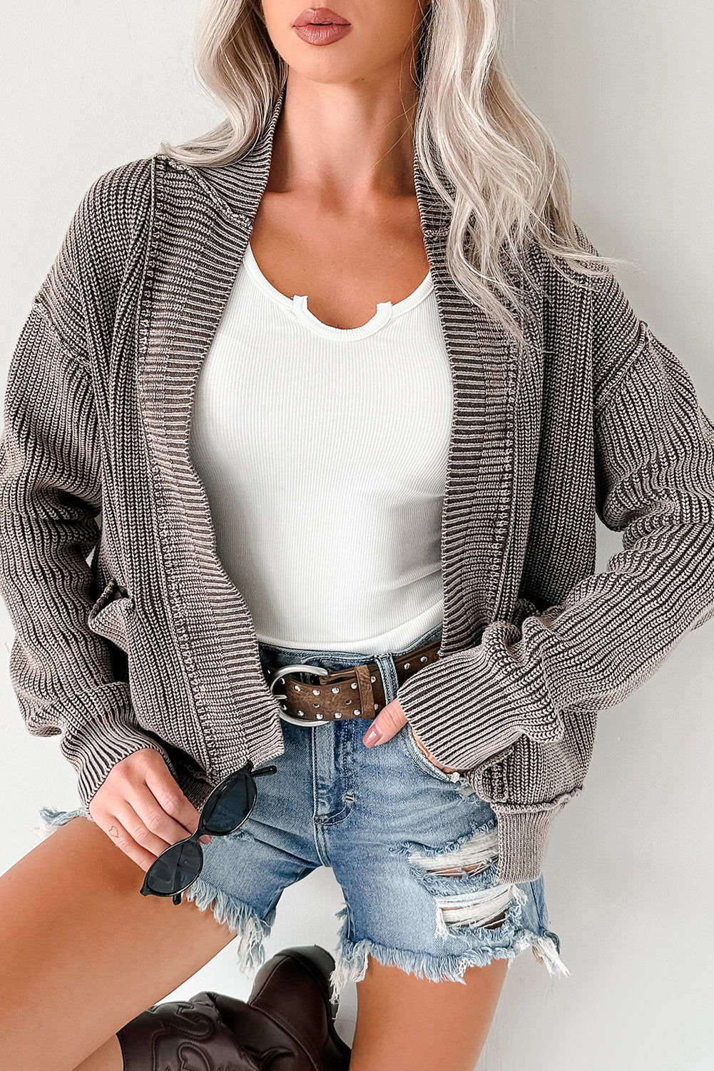 Chestnut Mineral Wash Exposed Seam Patchwork Knit Open Sweater Cardigan