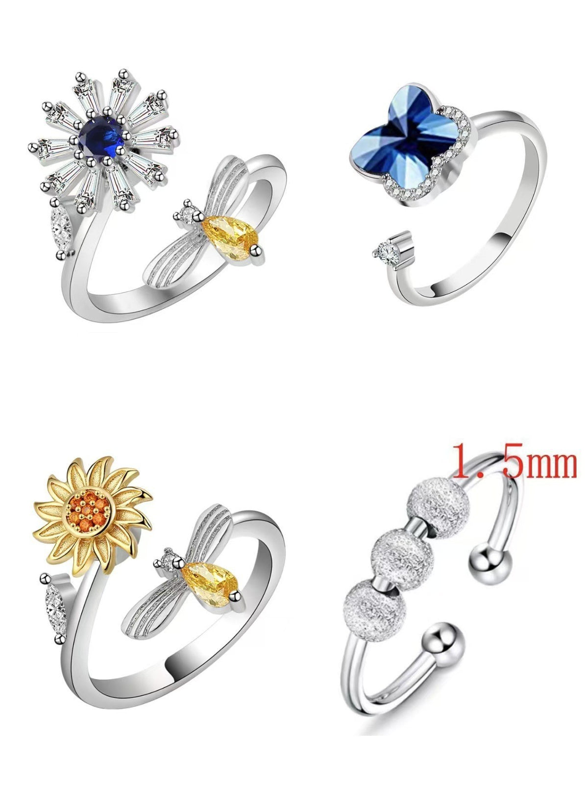 Rotating anxiety relief copper ring fortune bead ring adjustable ring