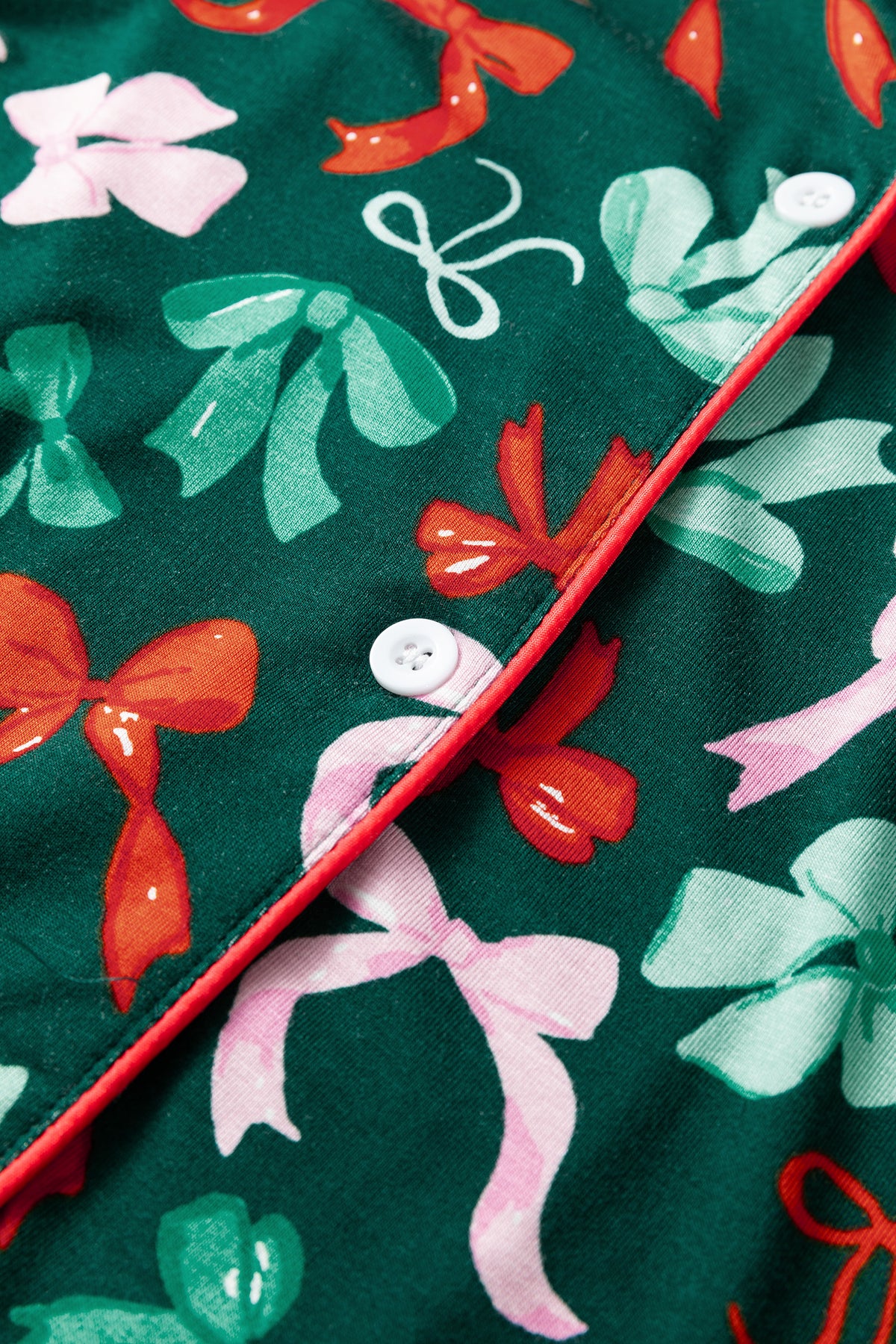 Green Festive Bow Print Long Sleeve Shirt and Pajama Short Set